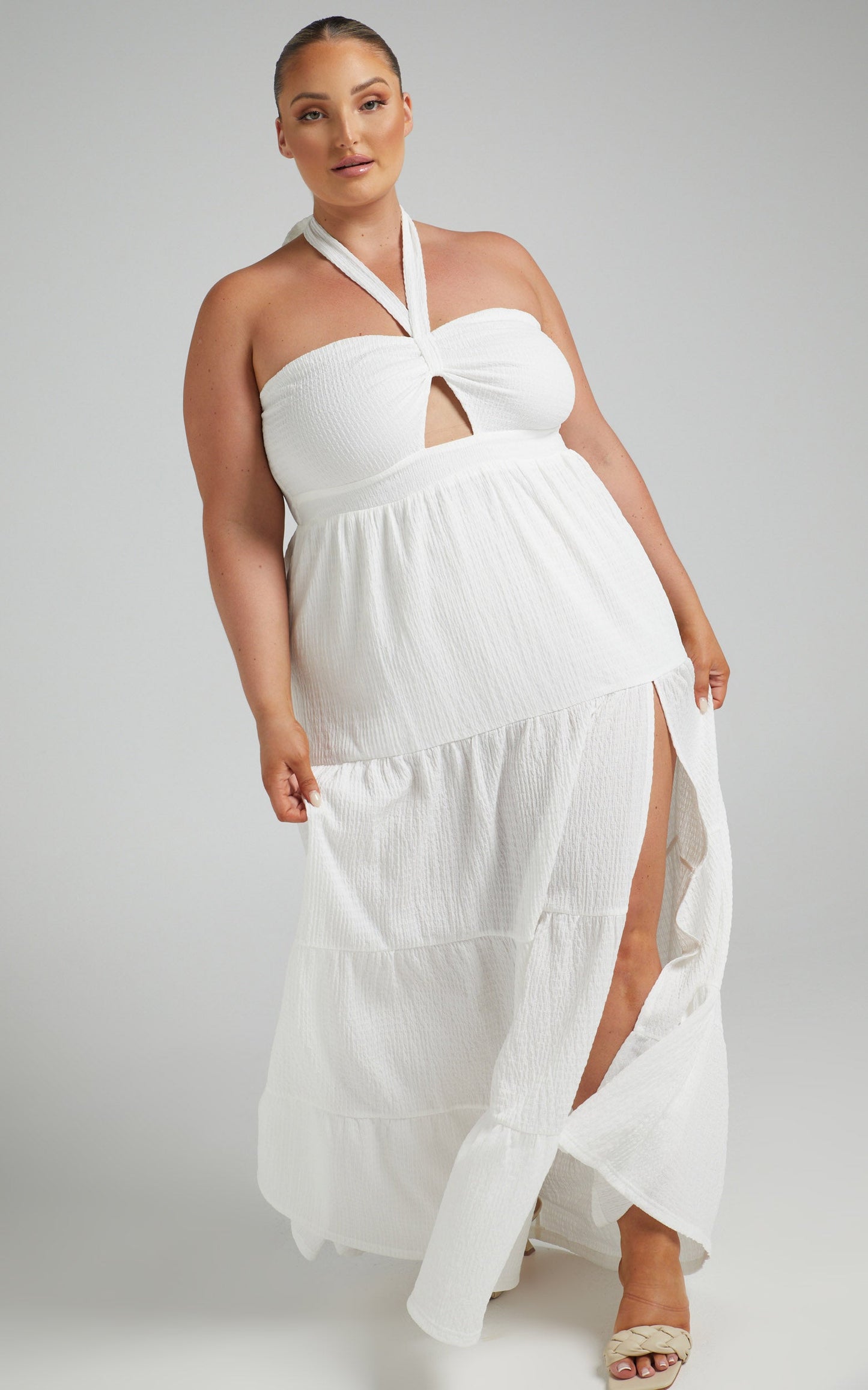 French Riviera Halter Tiered Maxi Dress in Cream