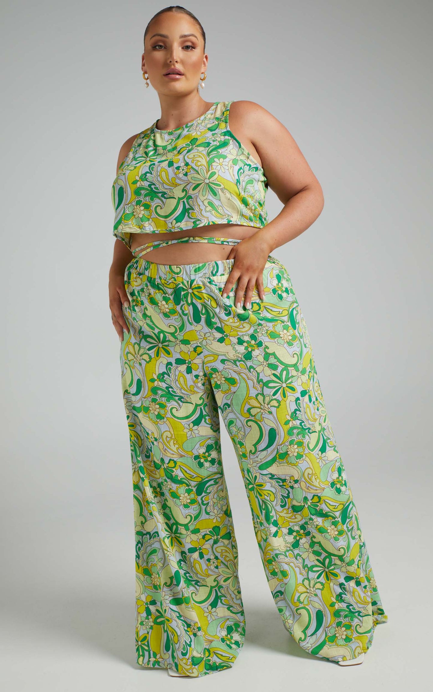 Hensely Two Piece Set - Linen Crop Top and Wide Leg Pants in California Dreamin