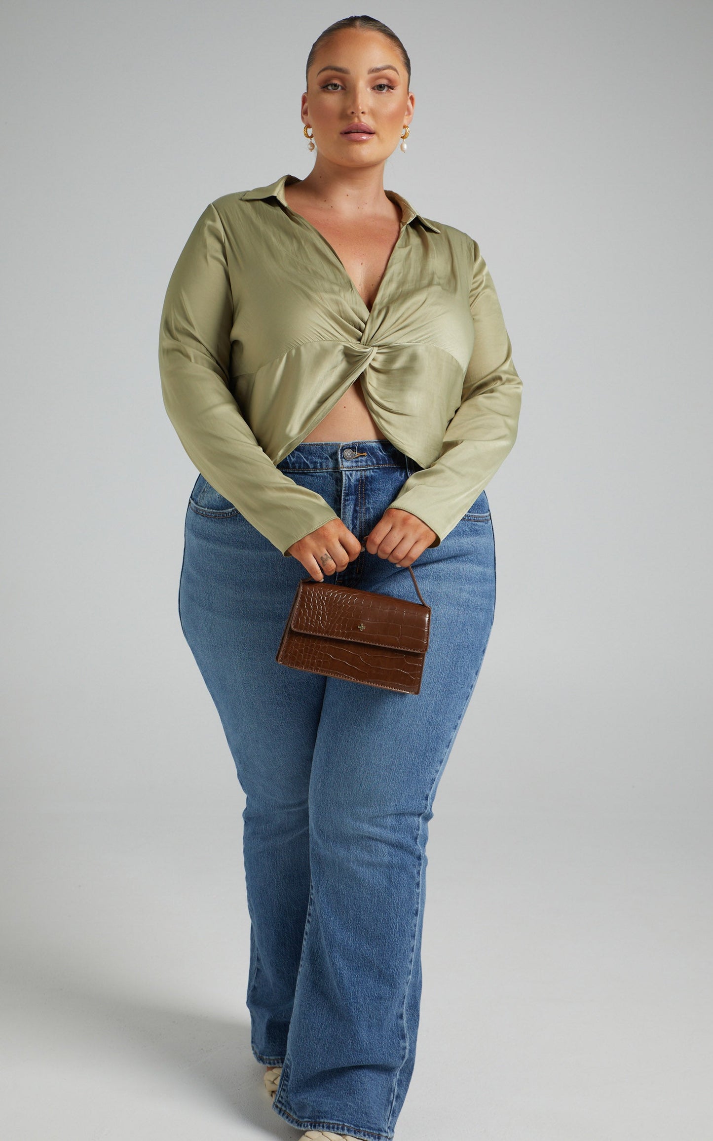Elexis Top - Twist Front Long Sleeve Top in Green