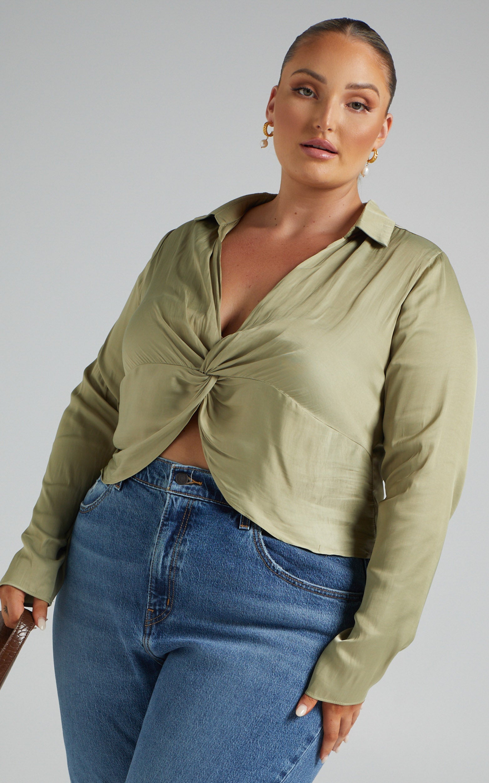 Elexis Top - Twist Front Long Sleeve Top in Green
