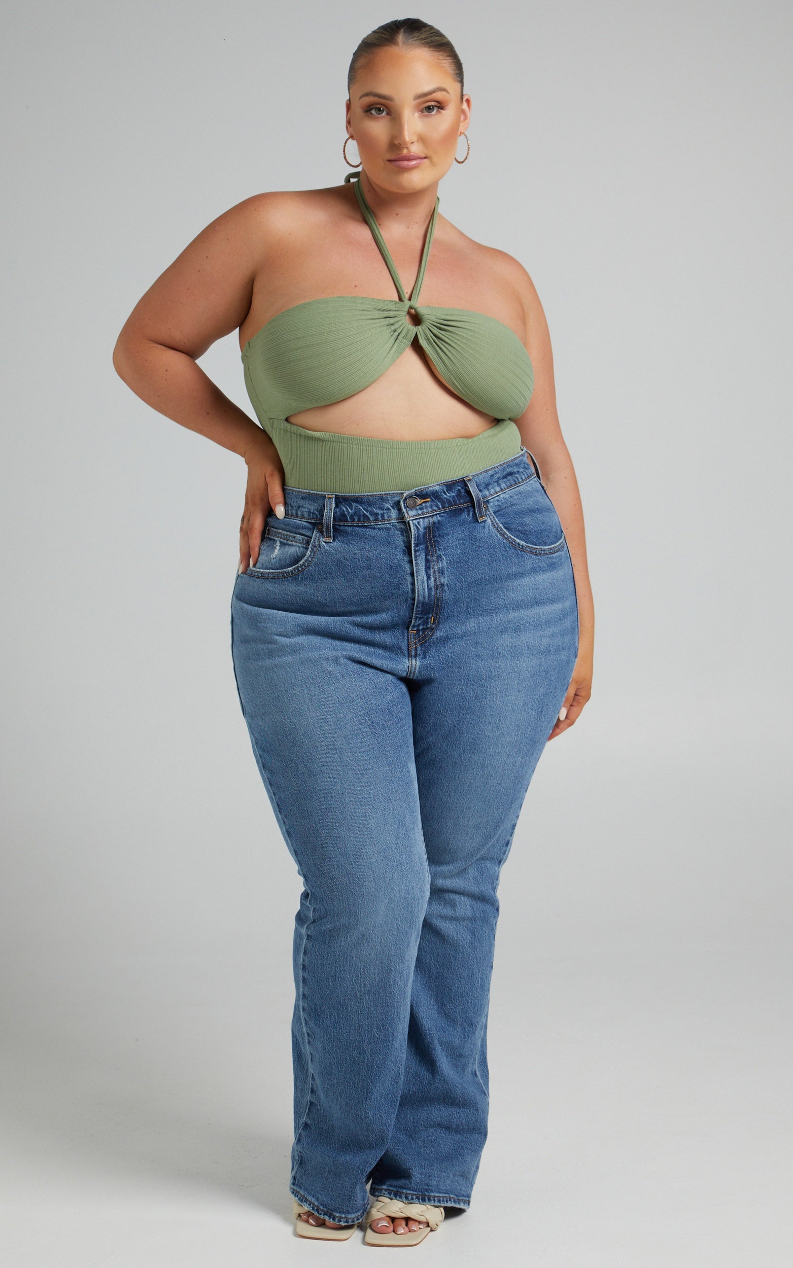 Jolina Bodysuit - Halter Neck Cut Out Bodysuit in Sage
