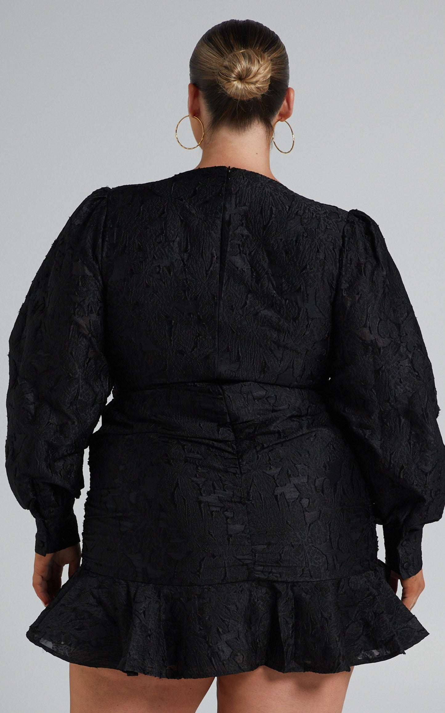 Baxia Mini Dress - Textured Balloon Sleeve Dress in Black