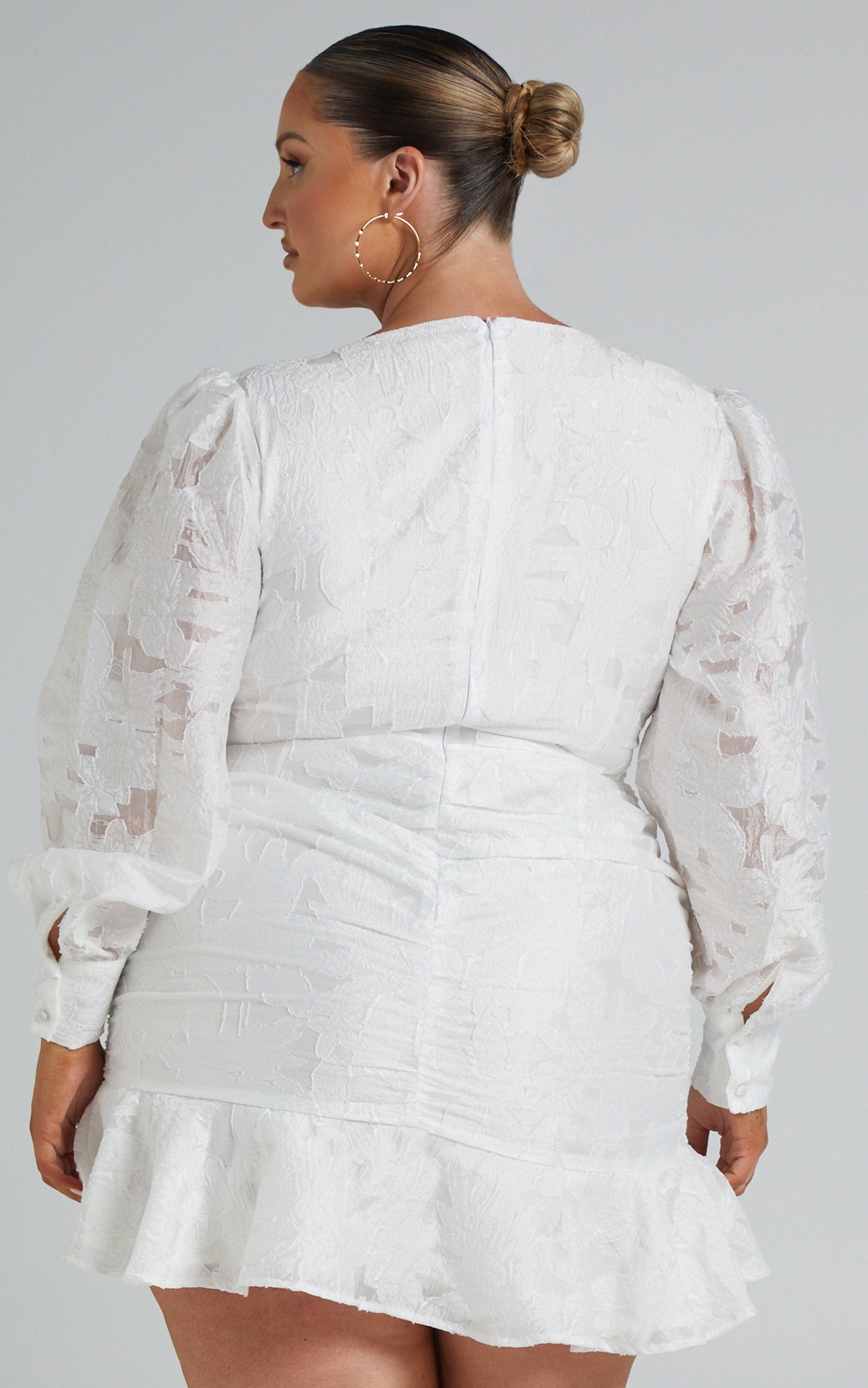 Baxia Mini Dress - Textured Balloon Sleeve Dress in White
