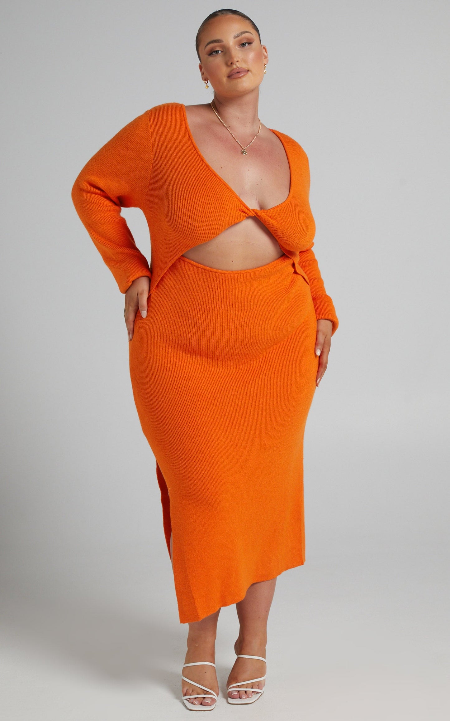 Irmia Twist Front Knit Midi Dress in Orange