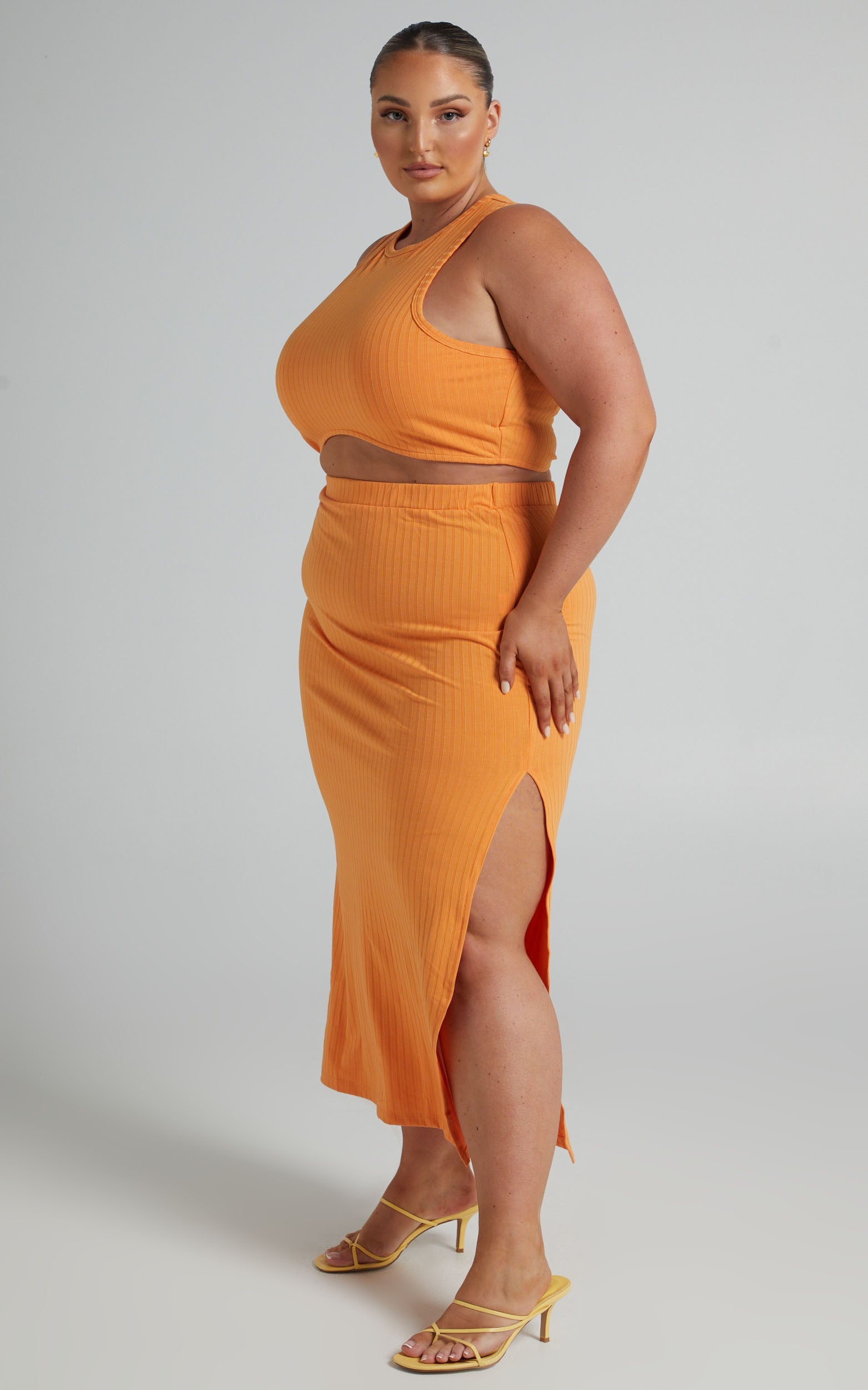 Dayla Ribbed Crop Top and Side Split Midi Skirt Two Piece Set in Sherbet