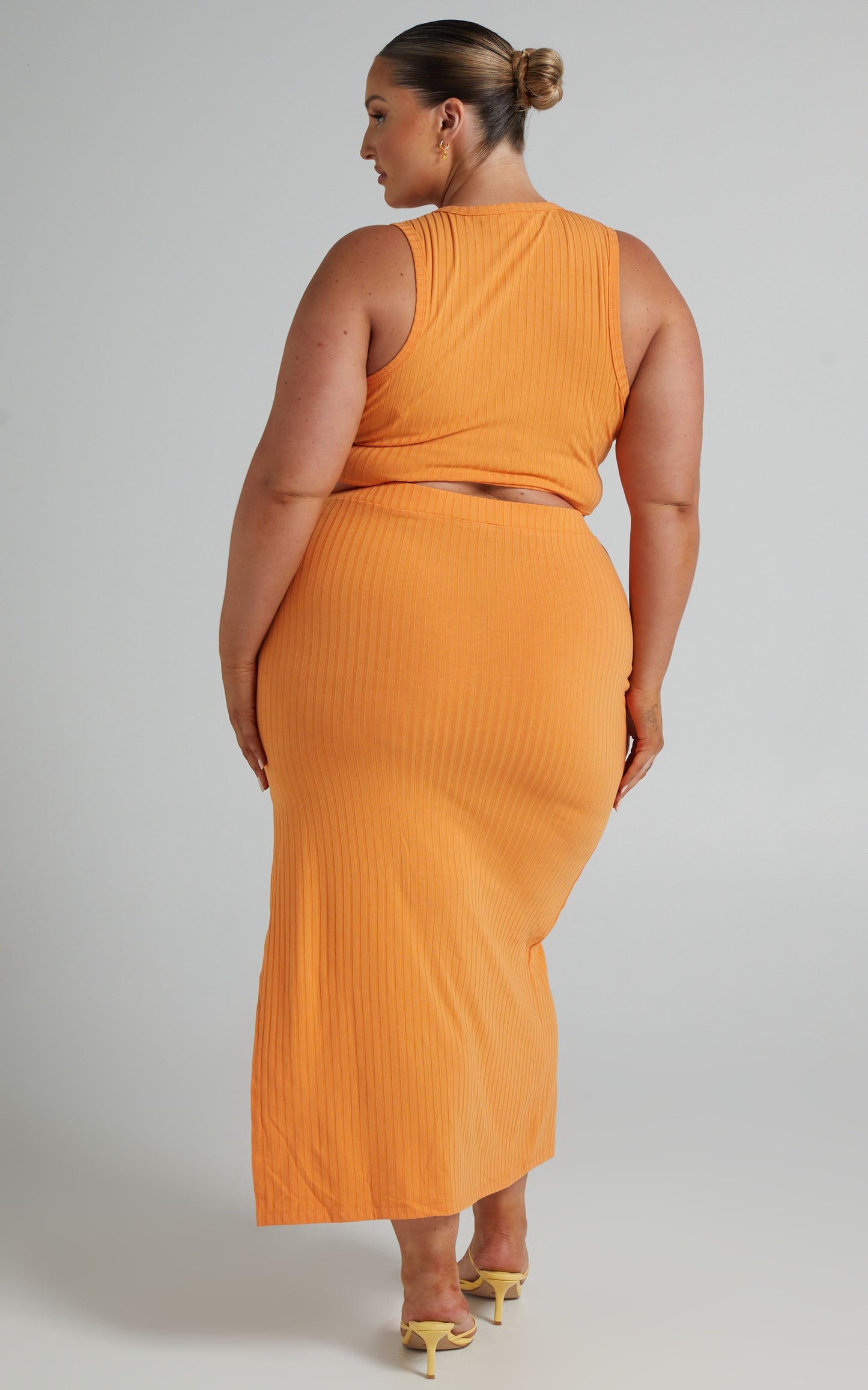 Dayla Ribbed Crop Top and Side Split Midi Skirt Two Piece Set in Sherbet