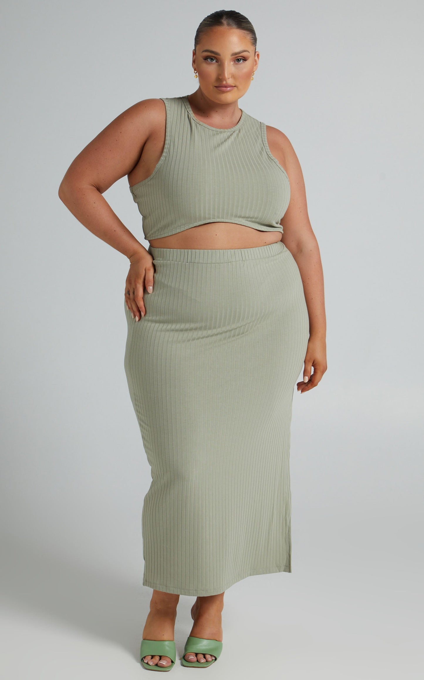 Dayla Ribbed Crop Top and Side Split Midi Skirt Two Piece Set in Sage