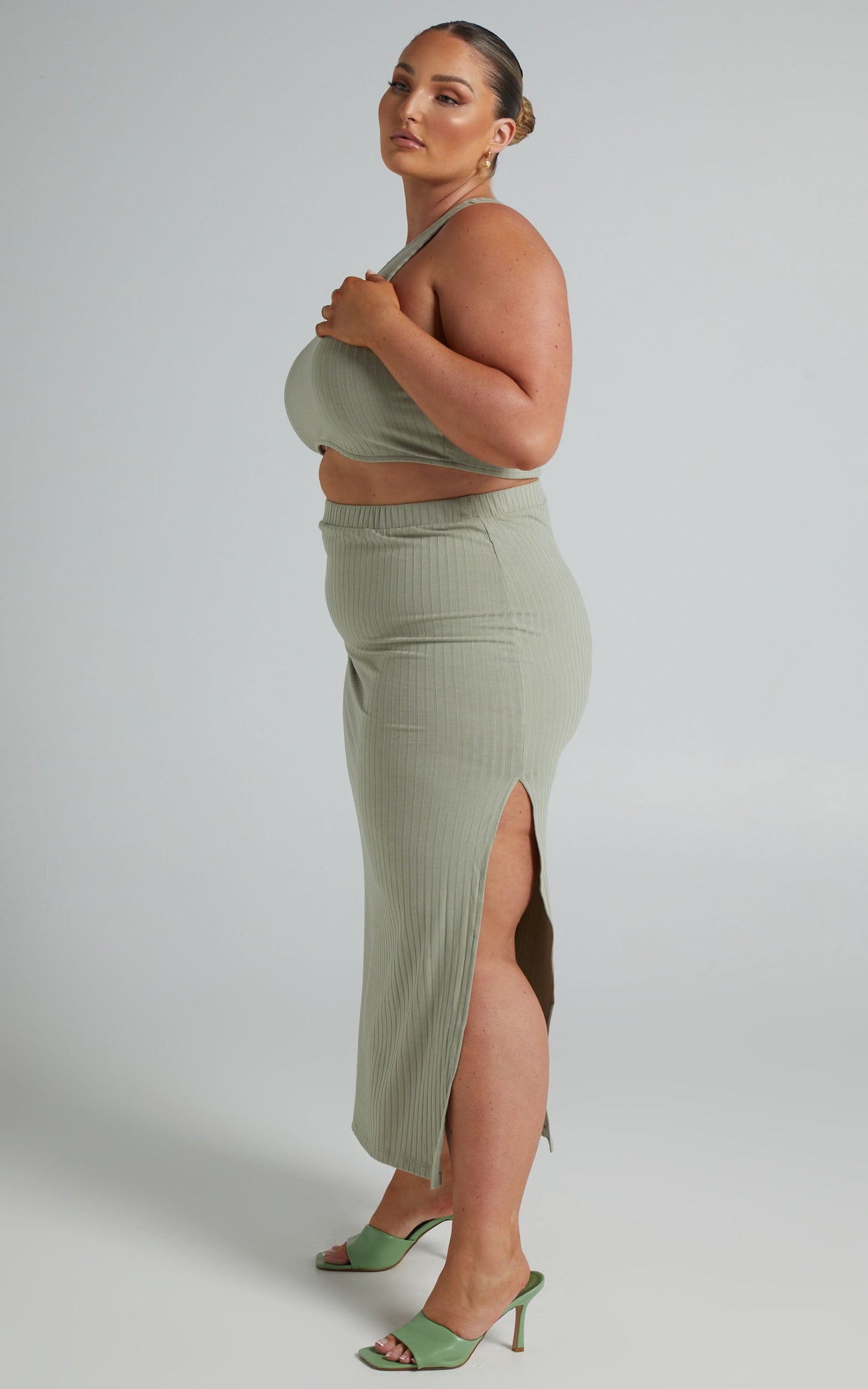 Dayla Ribbed Crop Top and Side Split Midi Skirt Two Piece Set in Sage