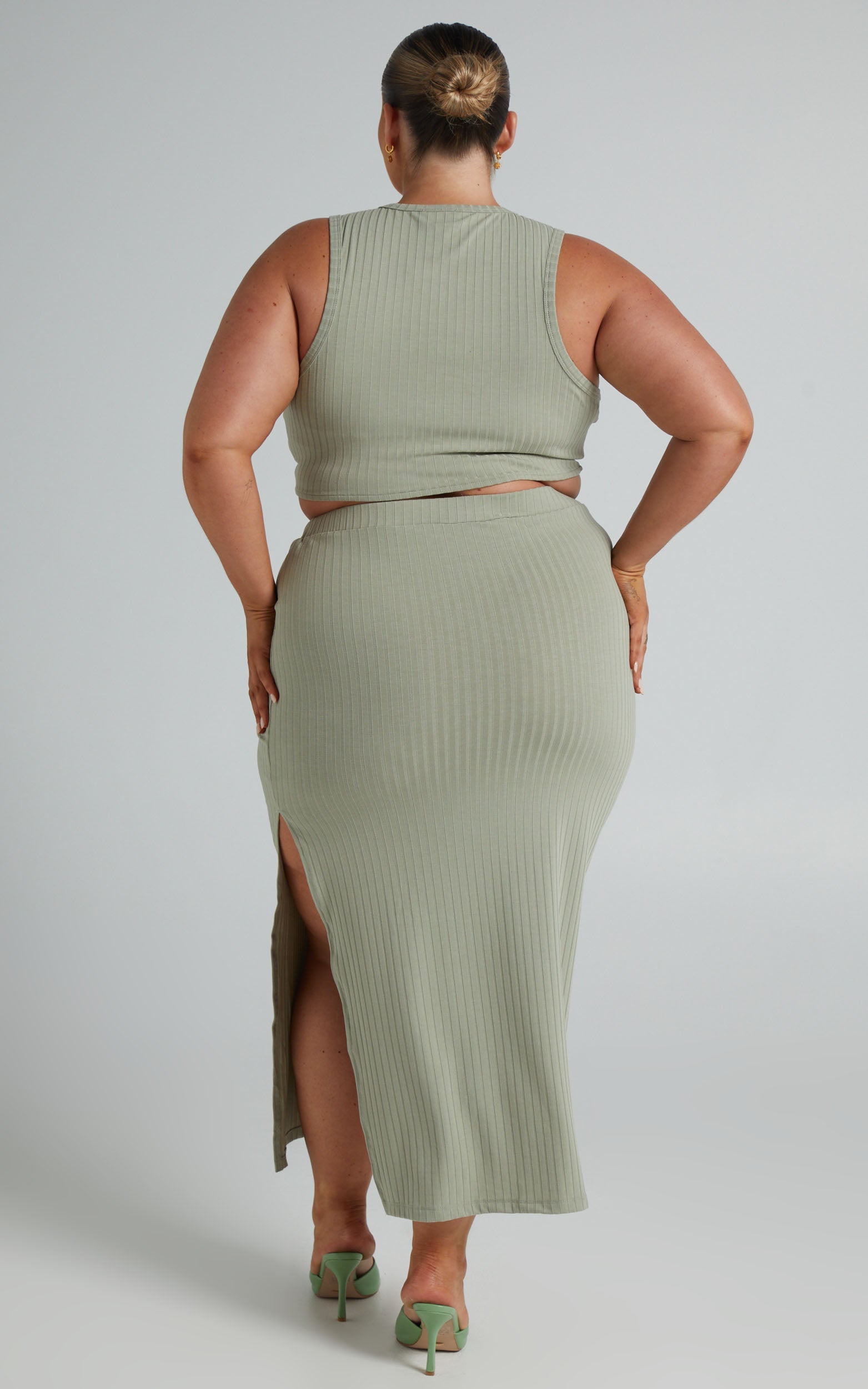 Dayla Ribbed Crop Top and Side Split Midi Skirt Two Piece Set in Sage
