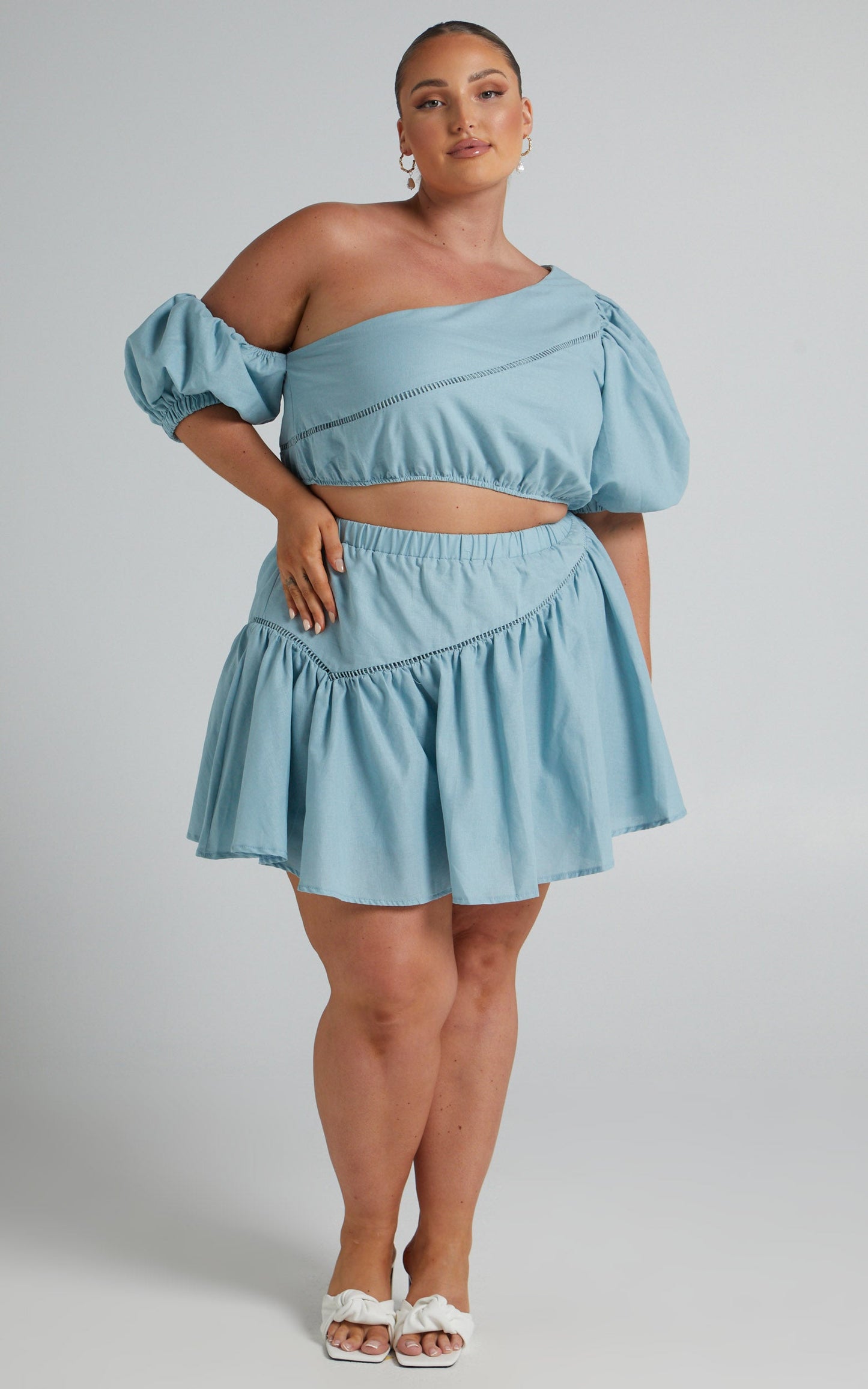 Berlyn Two Piece Set - Off Shoulder Puff Sleeve and Mini Skirt in Cornflower Blue