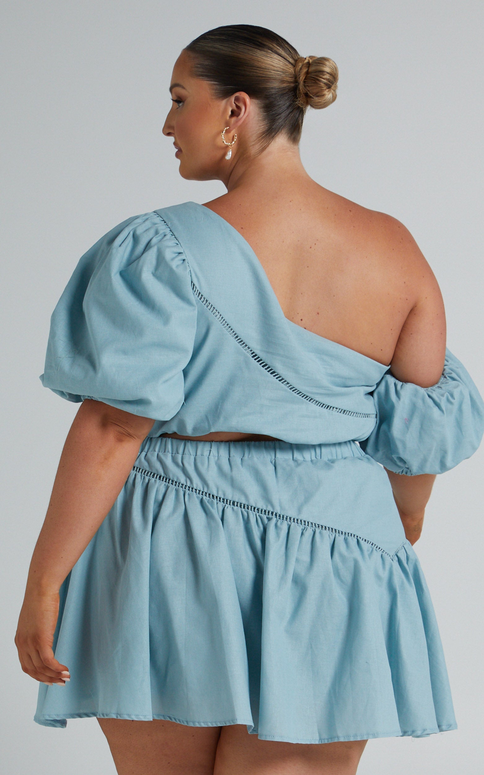 Berlyn Two Piece Set - Off Shoulder Puff Sleeve and Mini Skirt in Cornflower Blue