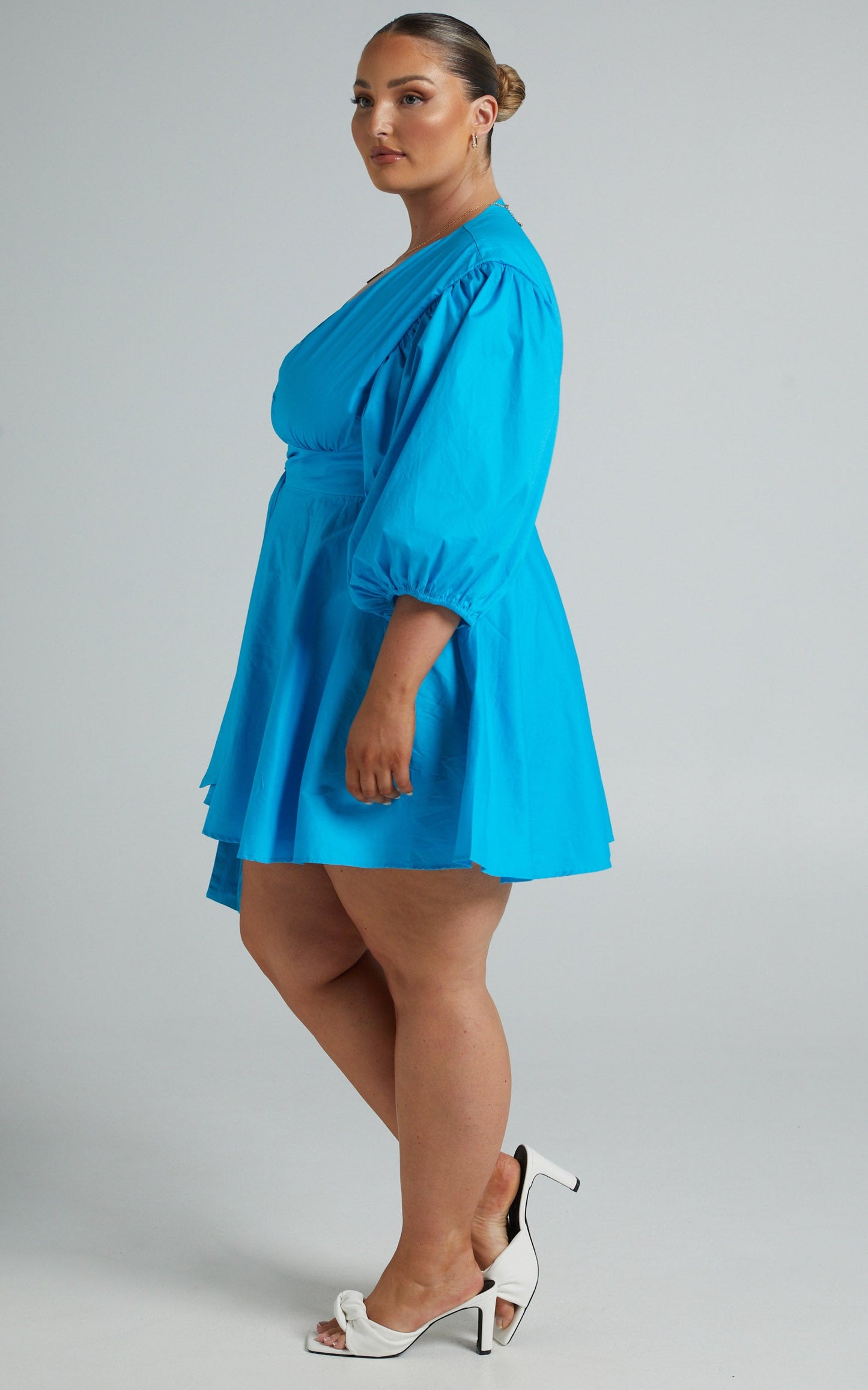 Zyla Mini Dress - Puff Sleeve Wrap Dress in Blue