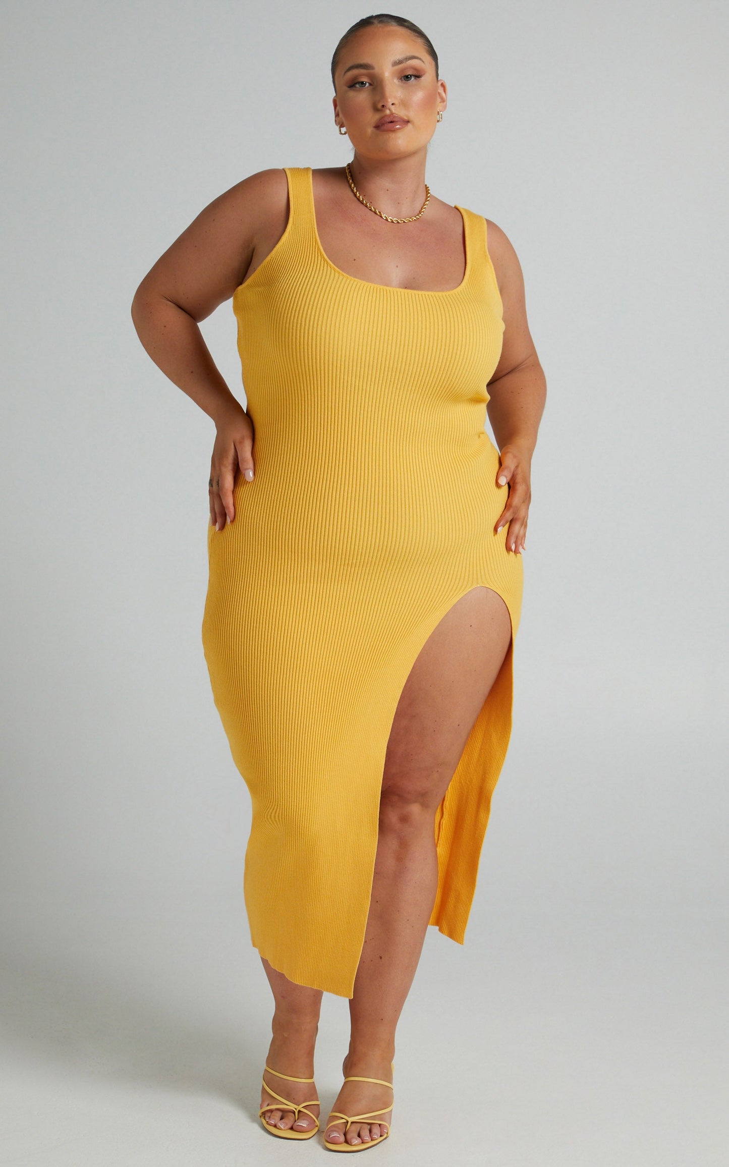 Aishah Midi Dress - Scoop Neck Front Split Ribbed Dress in Tangerine