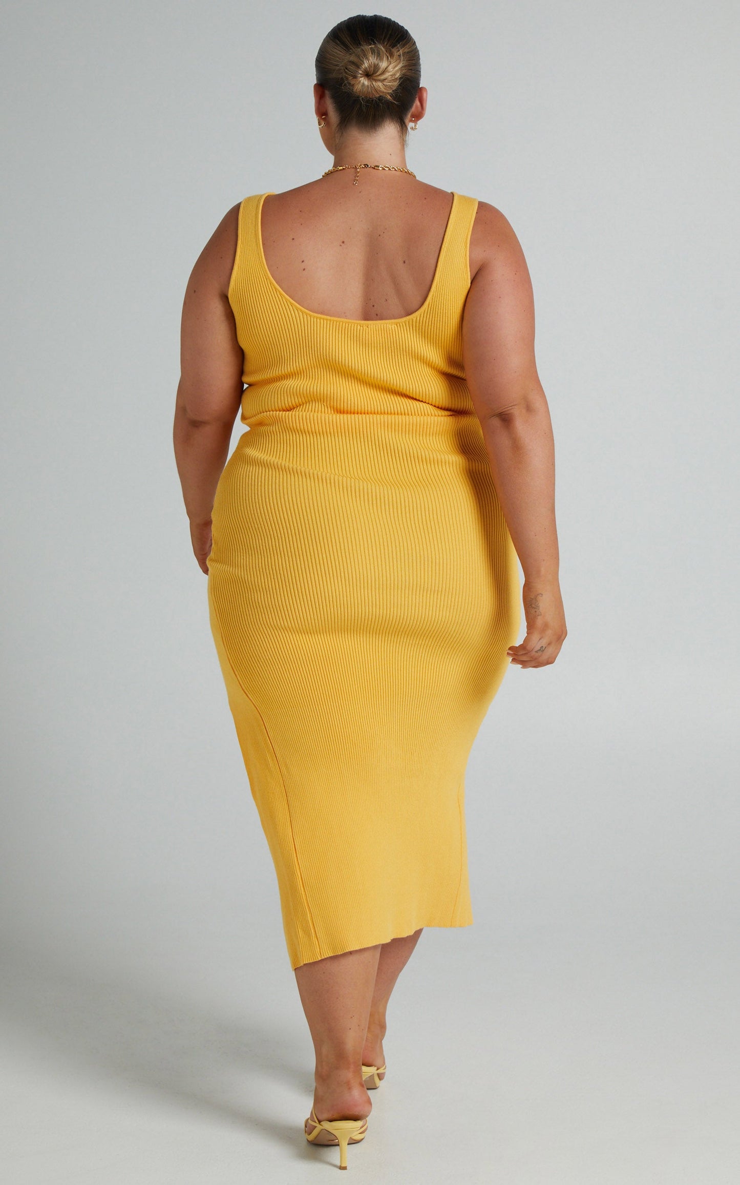 Aishah Midi Dress - Scoop Neck Front Split Ribbed Dress in Tangerine