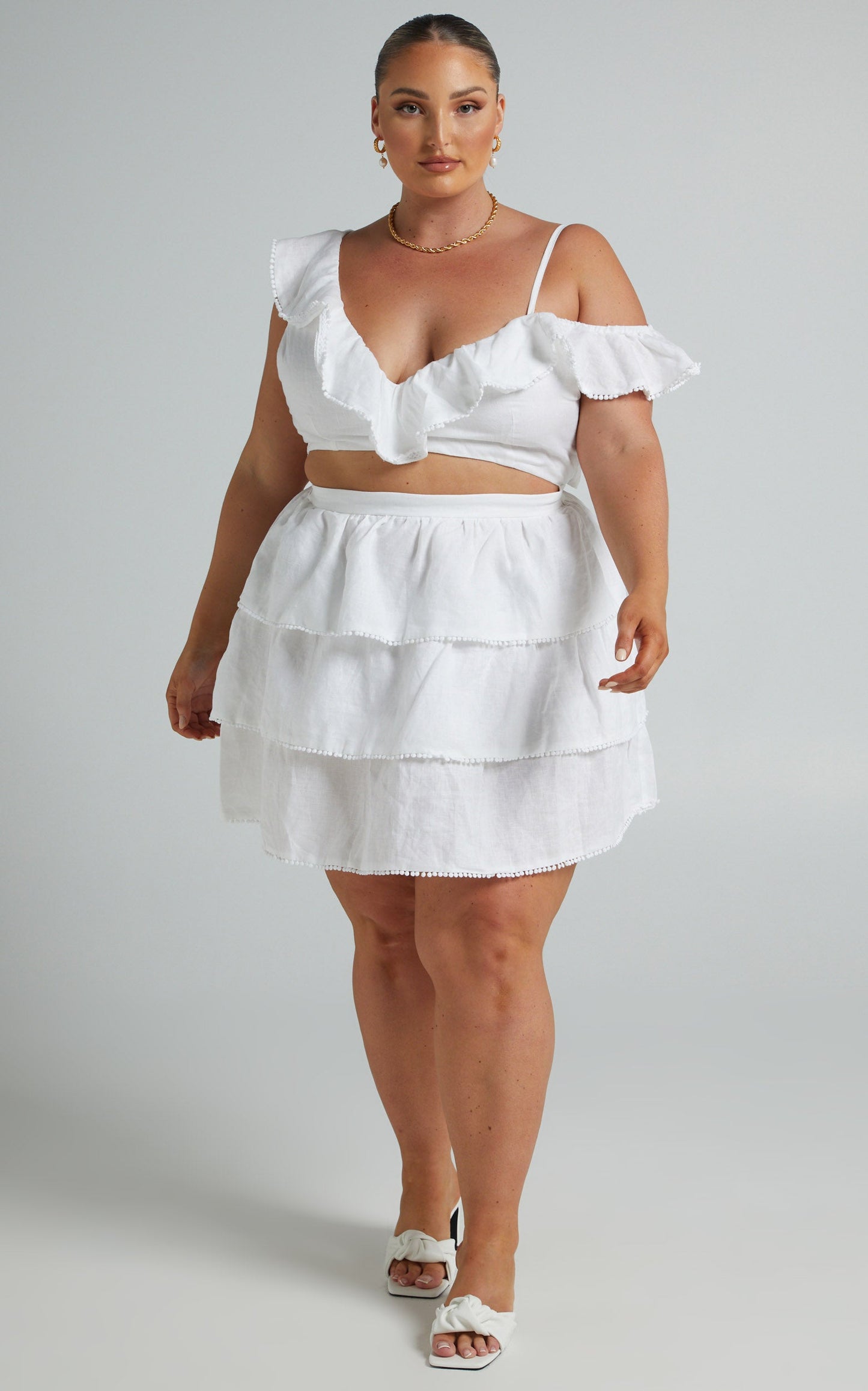 Mikasa Mini Dress - Linen Off Shoulder Frills Dress in White