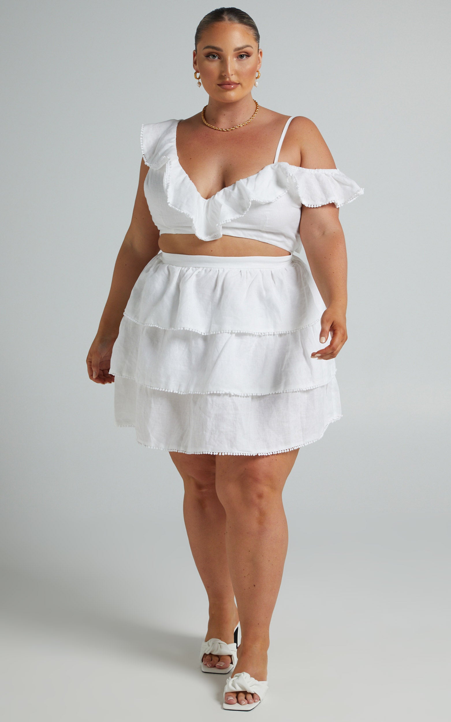 Mikasa Mini Dress - Linen Off Shoulder Frills Dress in White