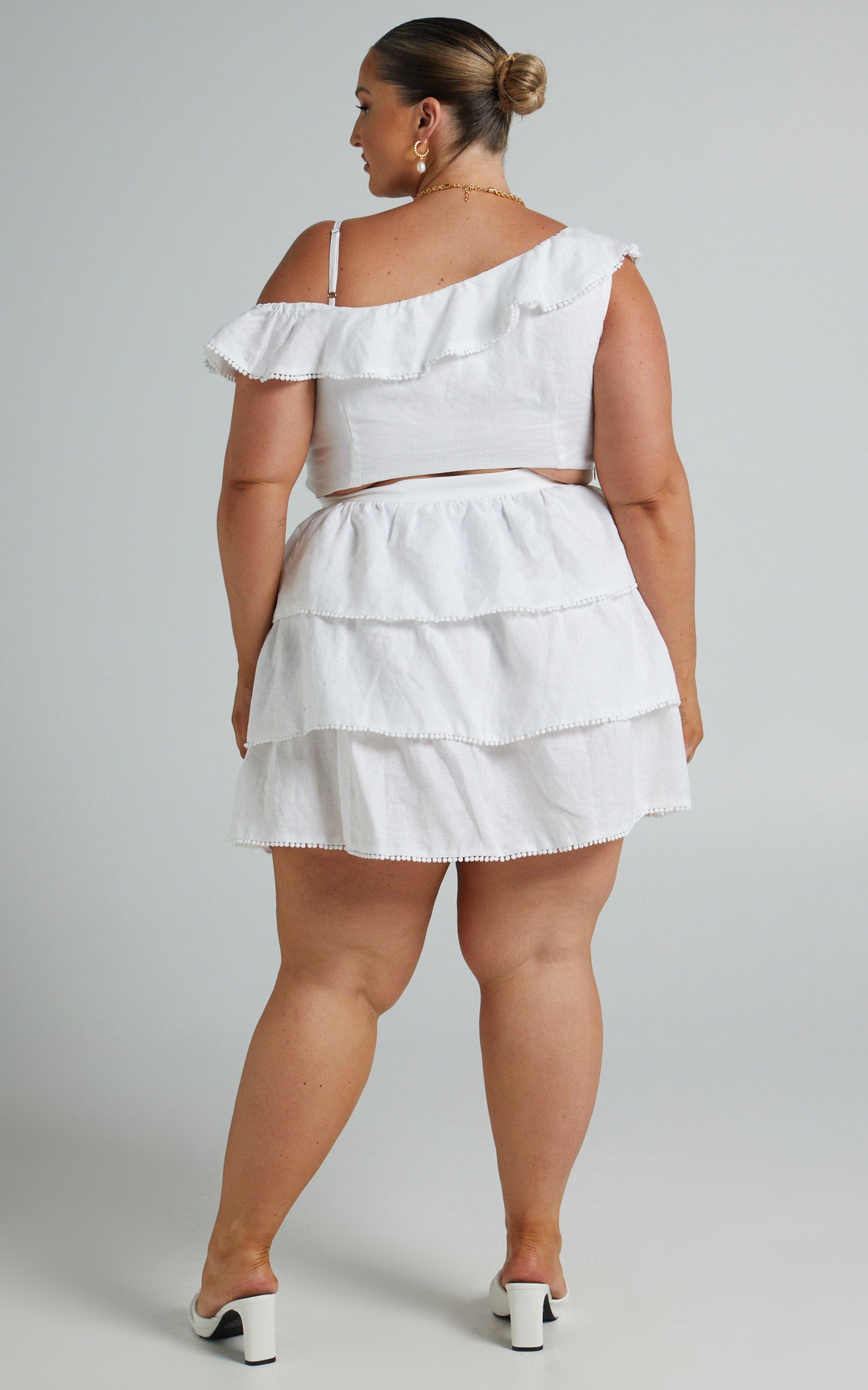 Mikasa Mini Dress - Linen Off Shoulder Frills Dress in White