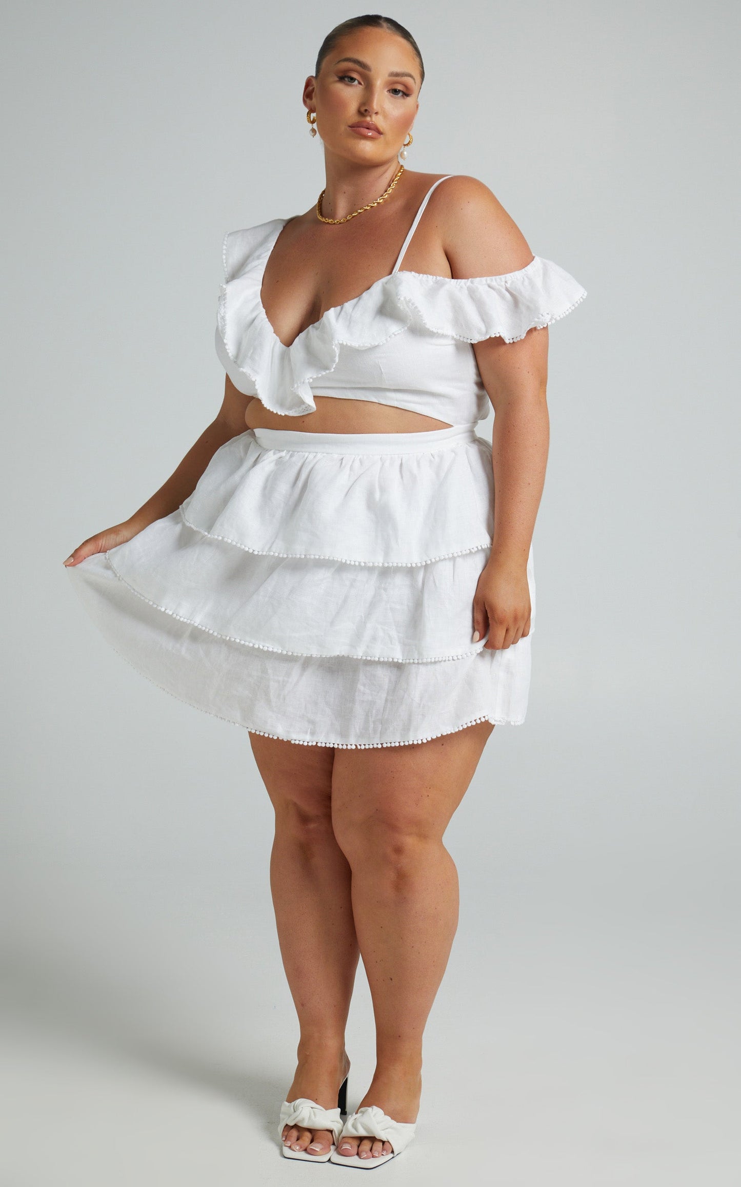 Mikasa Mini Dress - Linen Off Shoulder Frills Dress in White