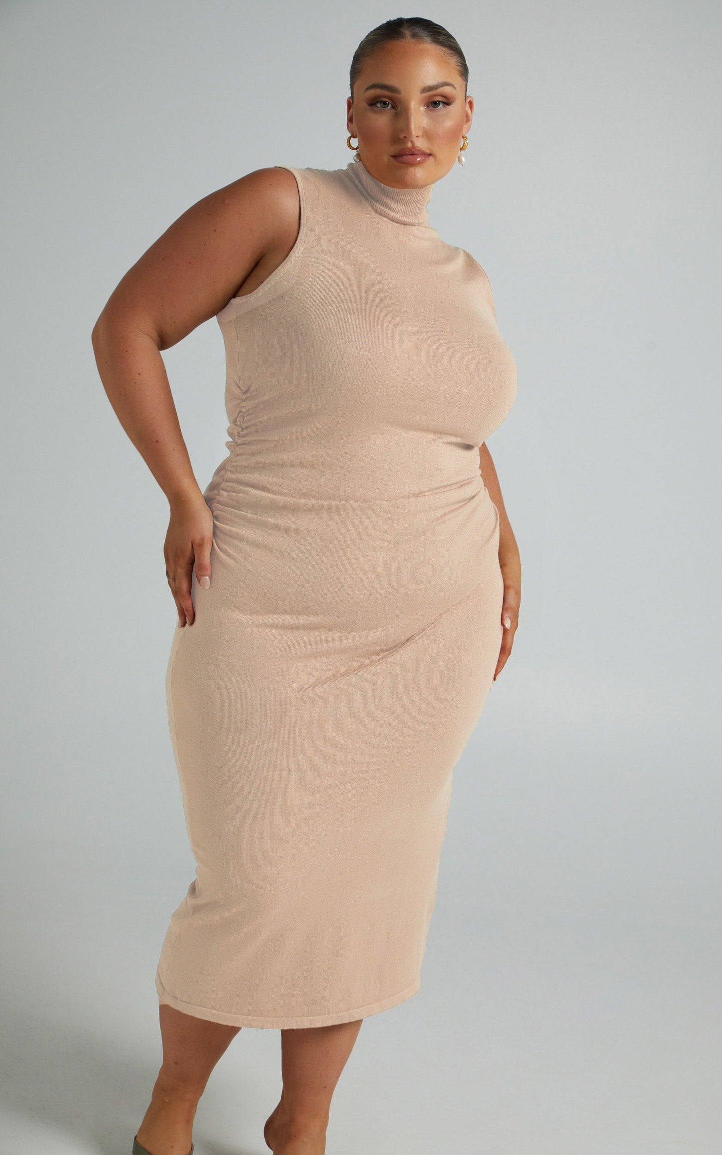 Taleen High Neck Bodycon Midi Dress in Mocha
