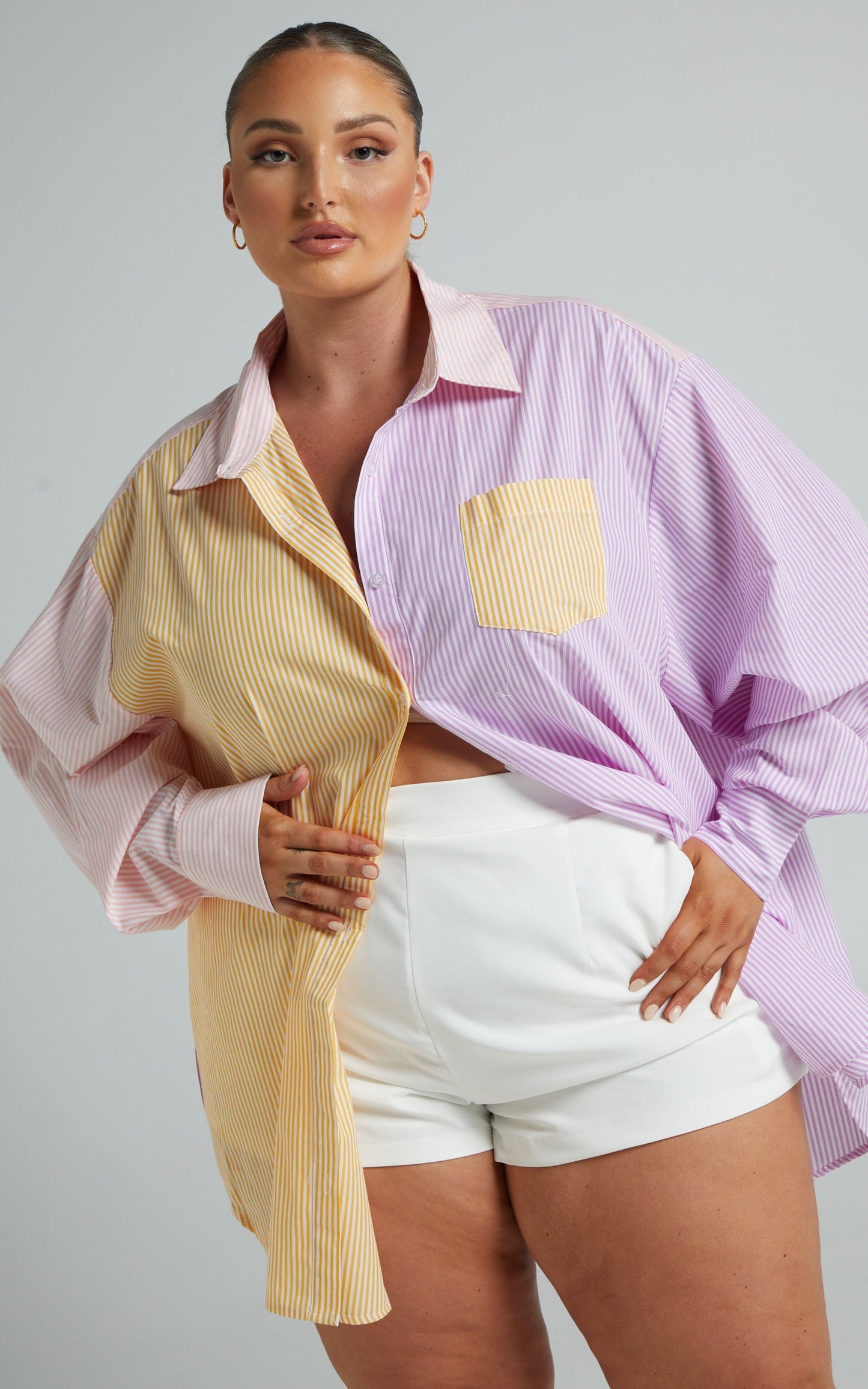 Autumn Shirt - Contrast Stripe Oversized Shirt in LEMON AND LILAC