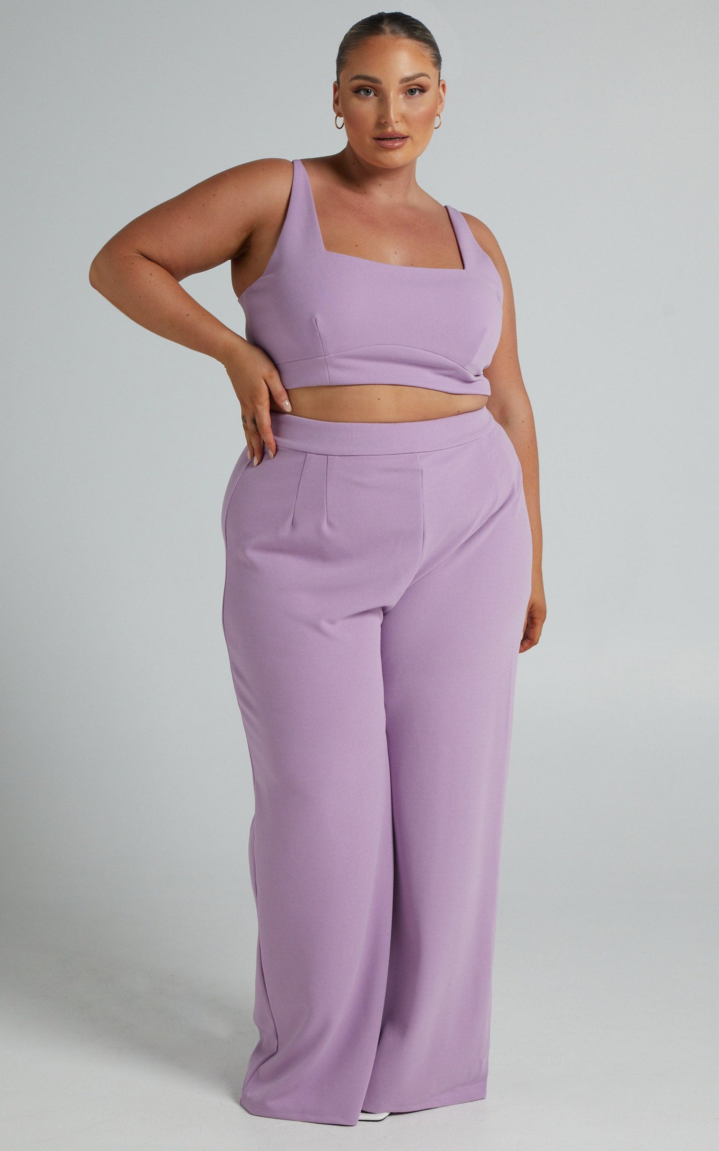 Elibeth Two Piece Set - Crop Top and High Waisted Wide Leg Pants Set in Lilac