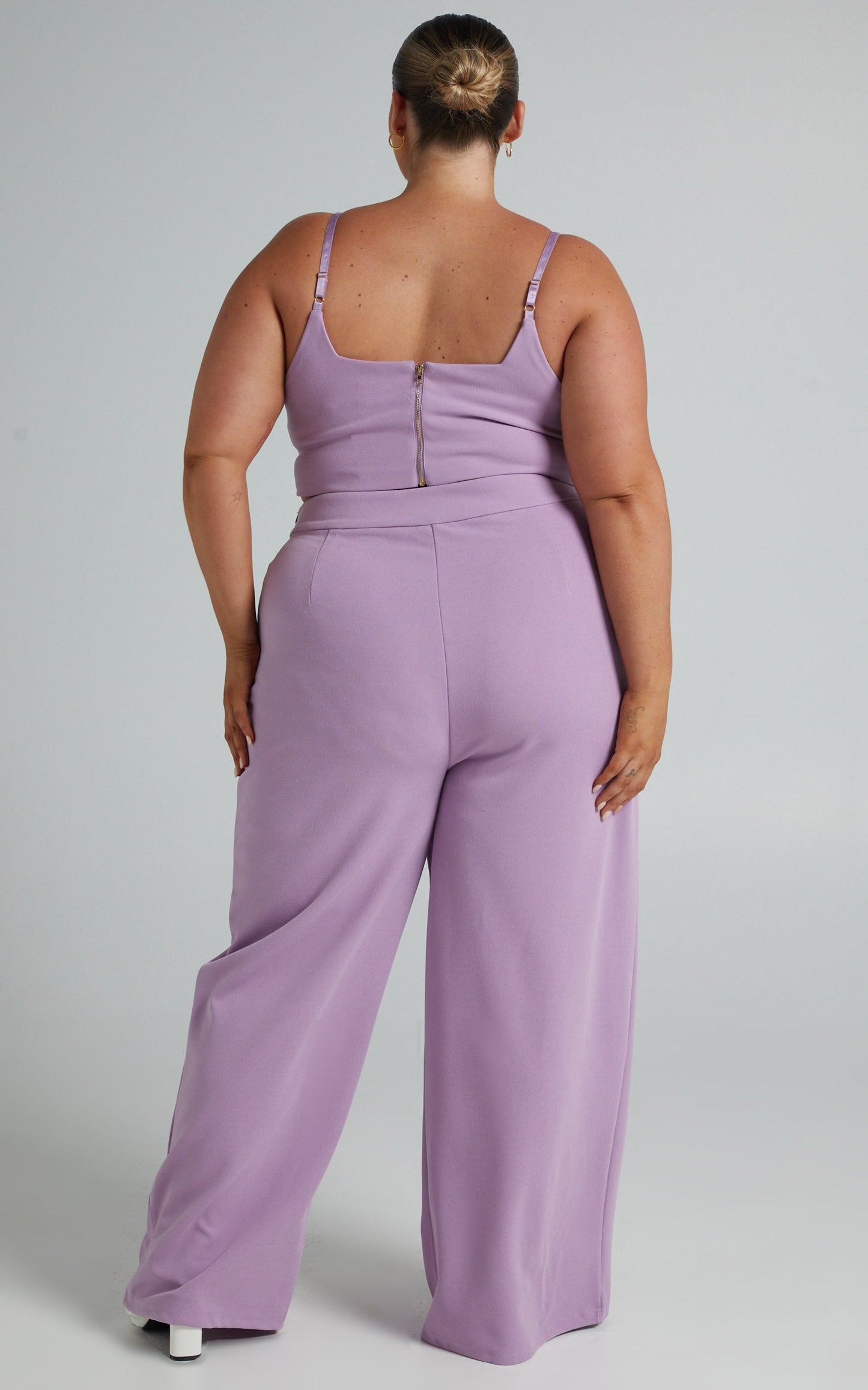 Elibeth Two Piece Set - Crop Top and High Waisted Wide Leg Pants Set in Lilac