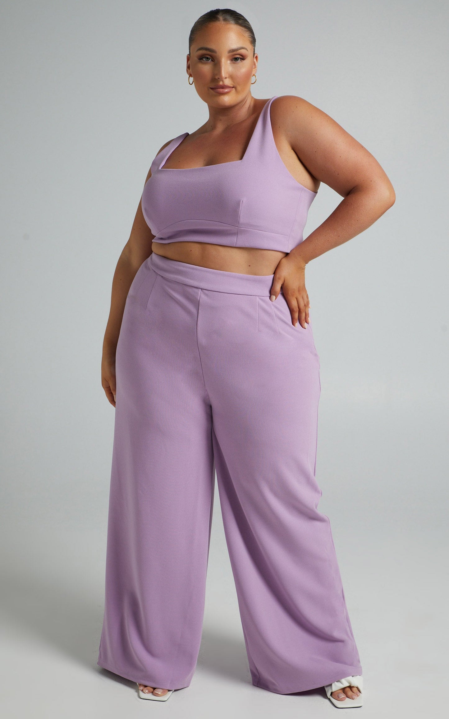 Elibeth Two Piece Set - Crop Top and High Waisted Wide Leg Pants Set in Lilac