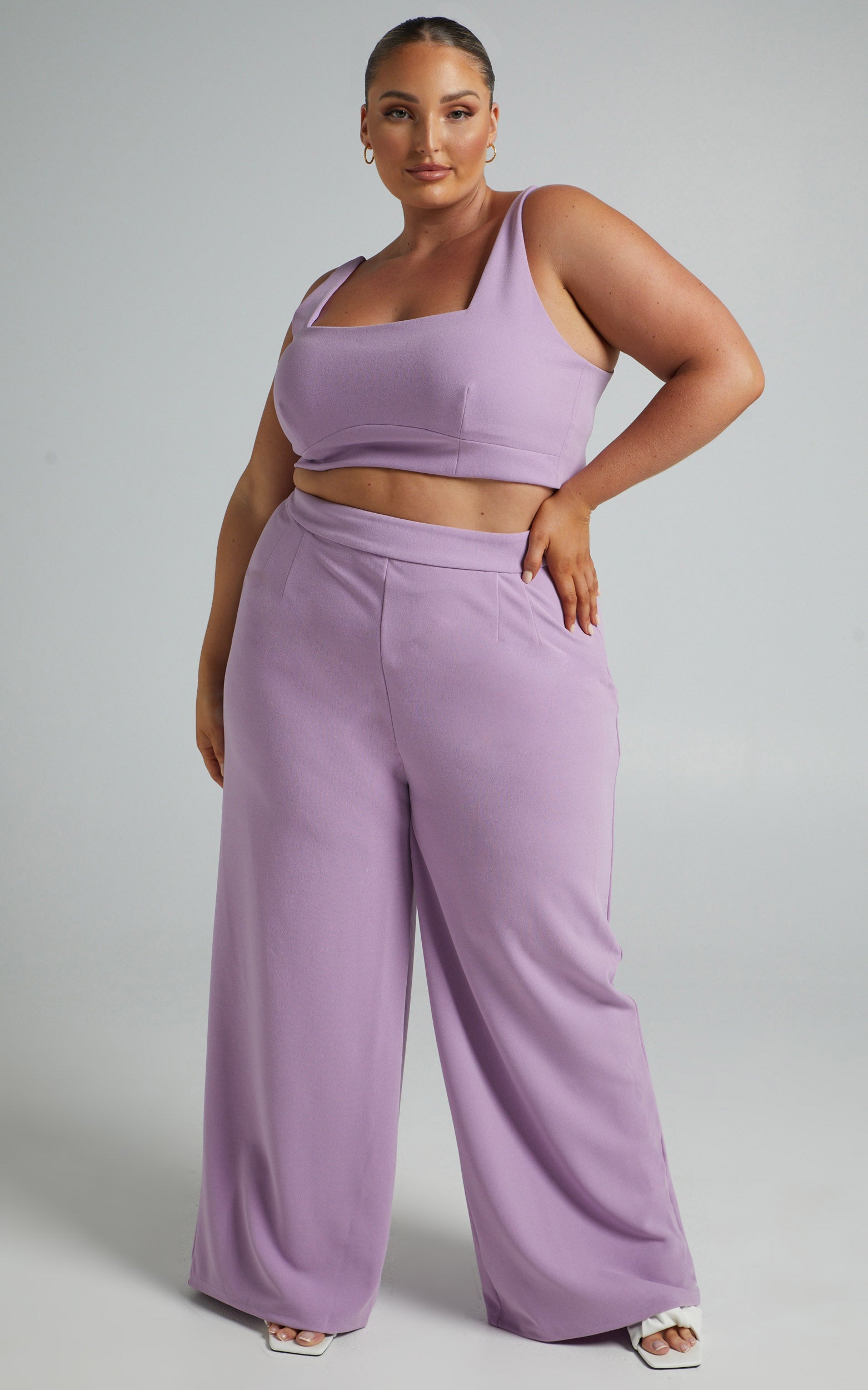 Elibeth Two Piece Set - Crop Top and High Waisted Wide Leg Pants Set in Lilac