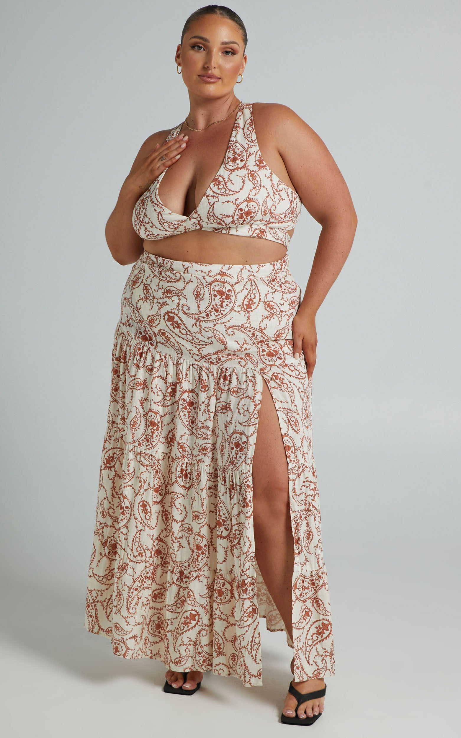 Delima Two Piece Set - Linen Cross Back Top and Thigh Split Midi Skirt in Chocolate Paisley