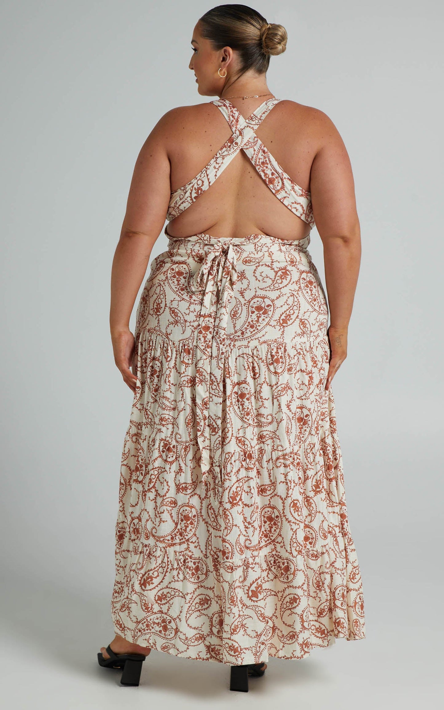 Delima Two Piece Set - Linen Cross Back Top and Thigh Split Midi Skirt in Chocolate Paisley
