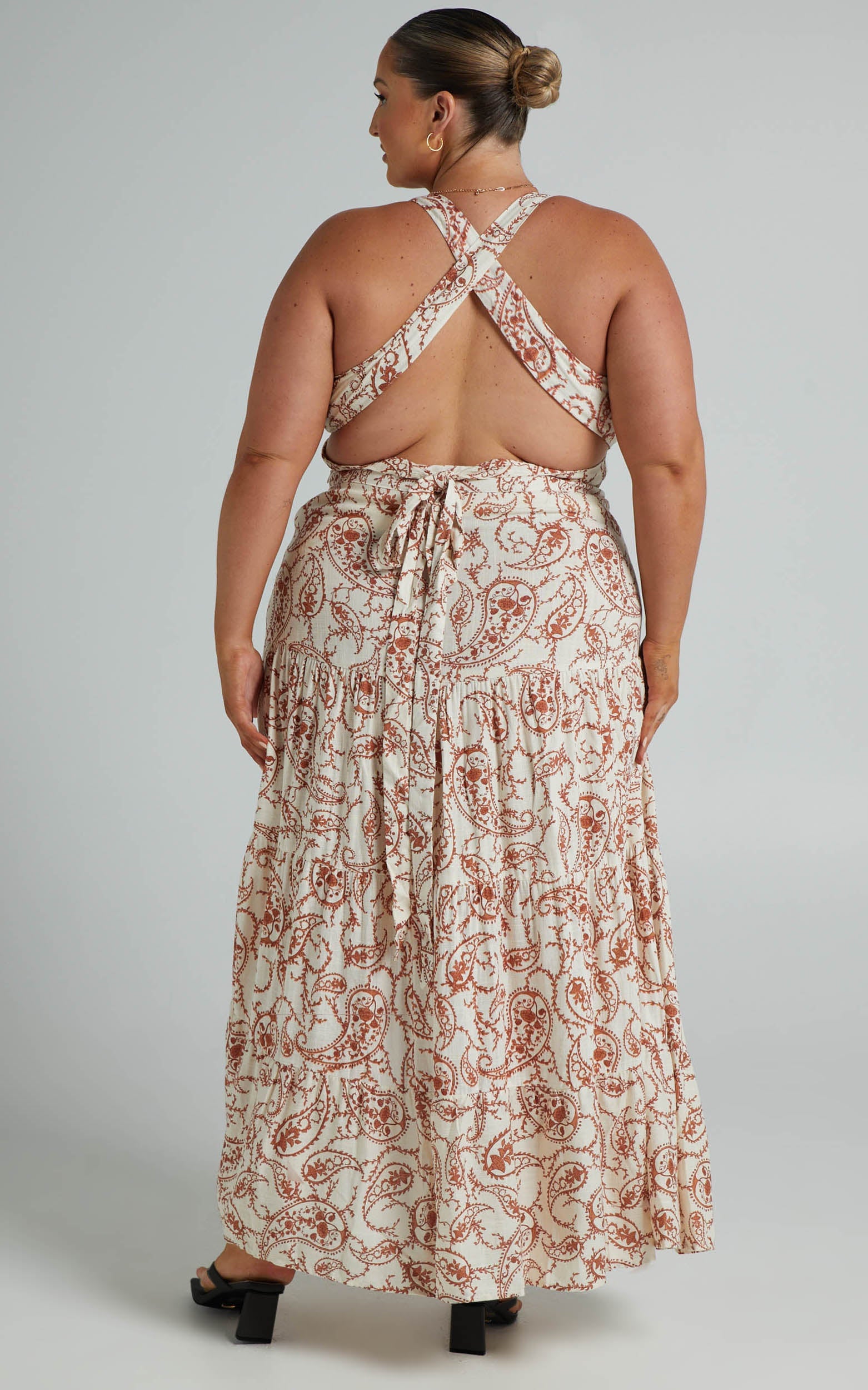 Delima Two Piece Set - Linen Cross Back Top and Thigh Split Midi Skirt in Chocolate Paisley