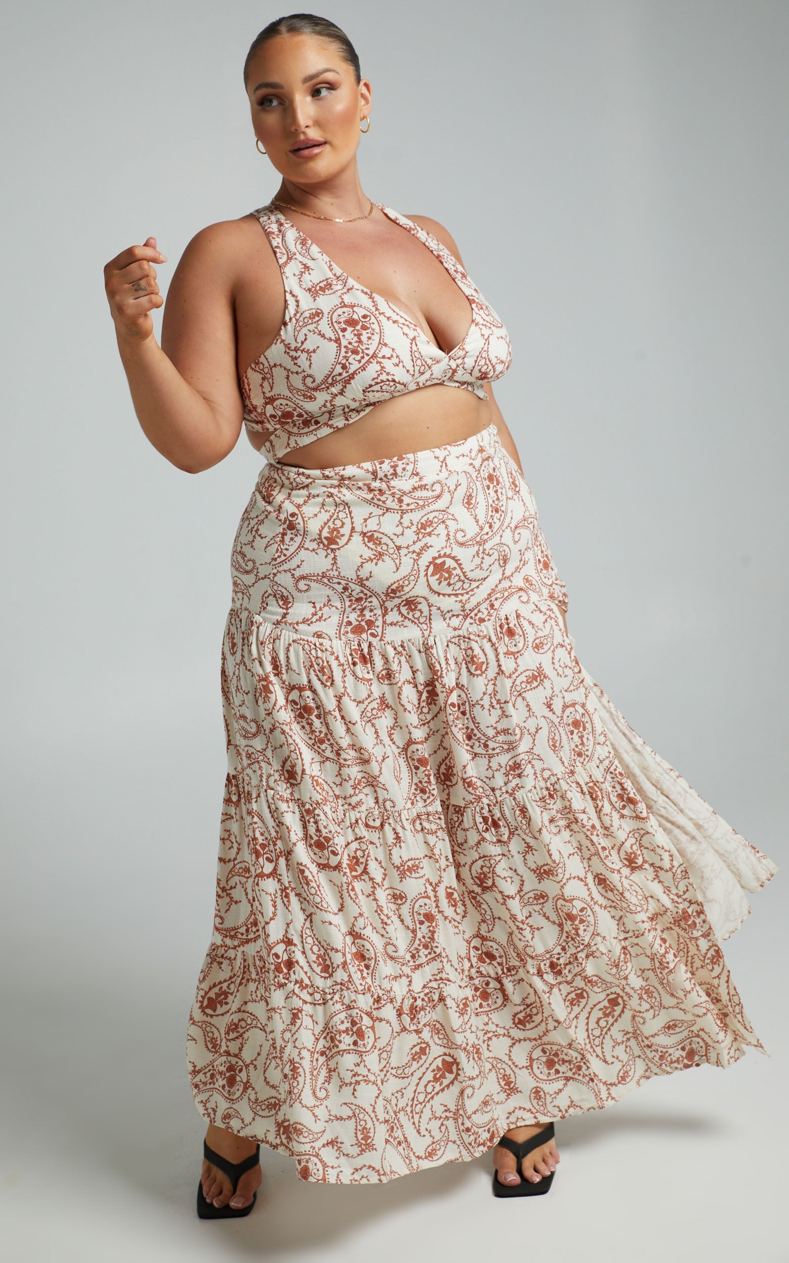 Delima Two Piece Set - Linen Cross Back Top and Thigh Split Midi Skirt in Chocolate Paisley