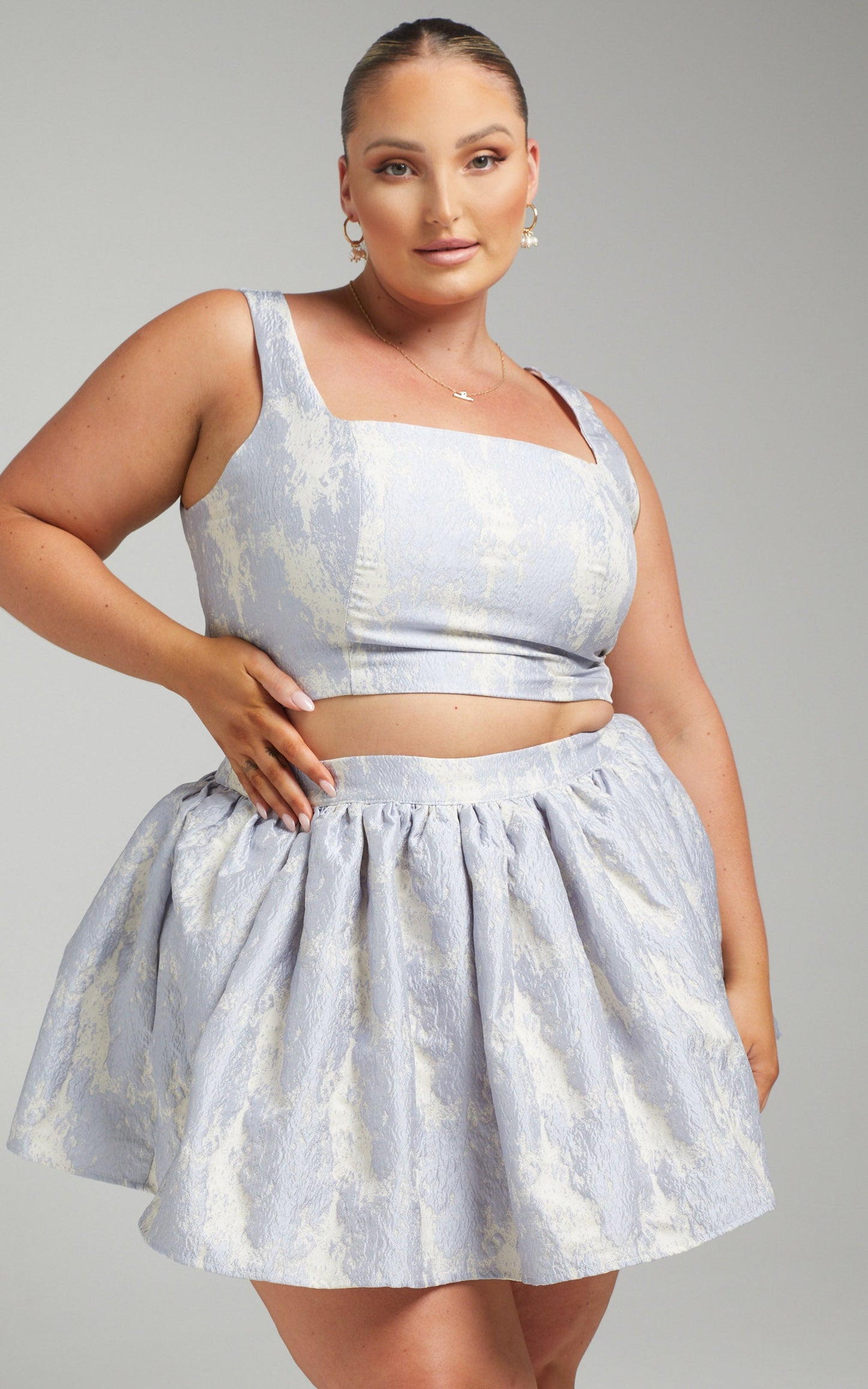 Viviana Crop Top Flare Mini Skirt Two Piece Set in Blue