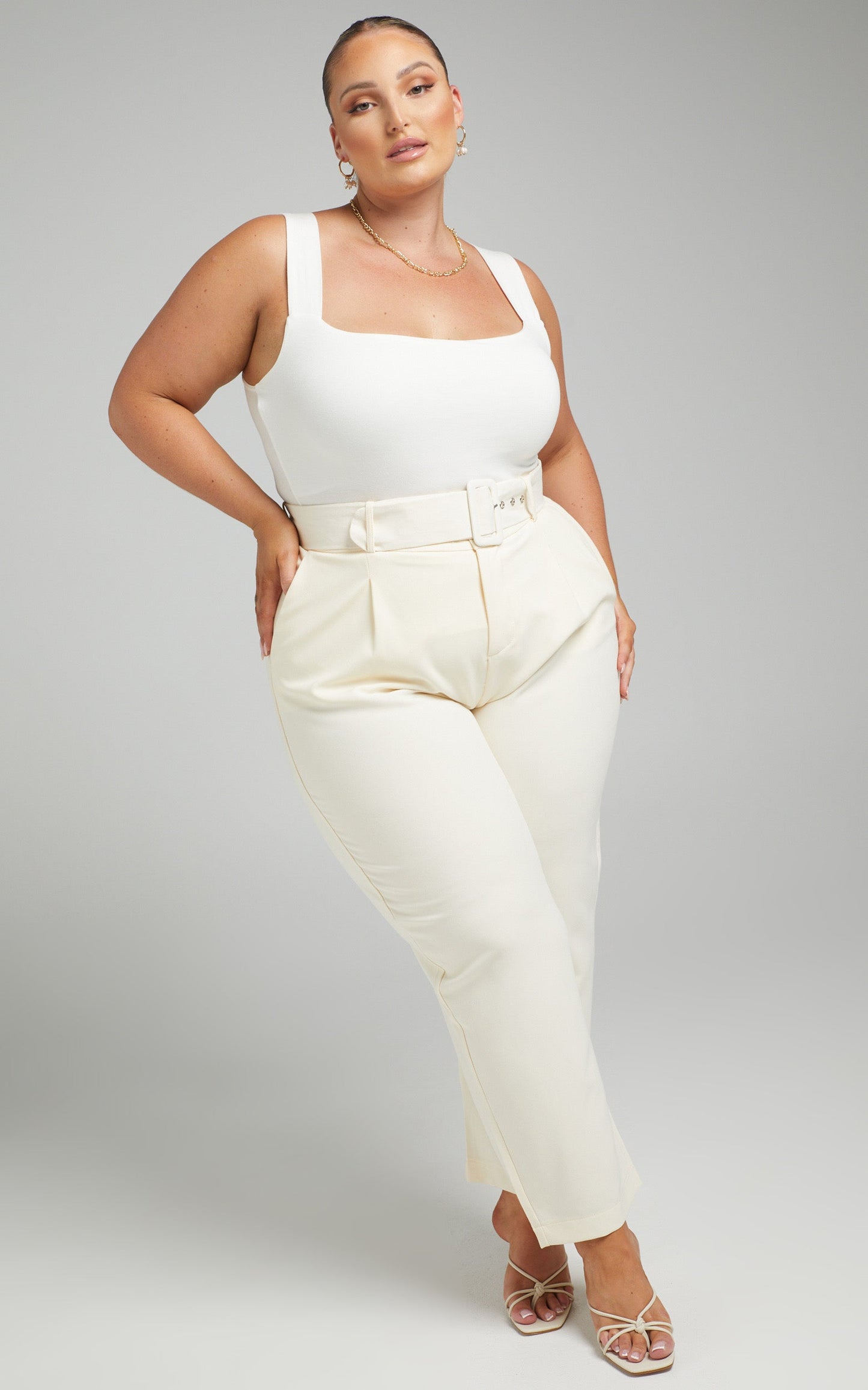 Royce Belted High Waisted Pants in Off White