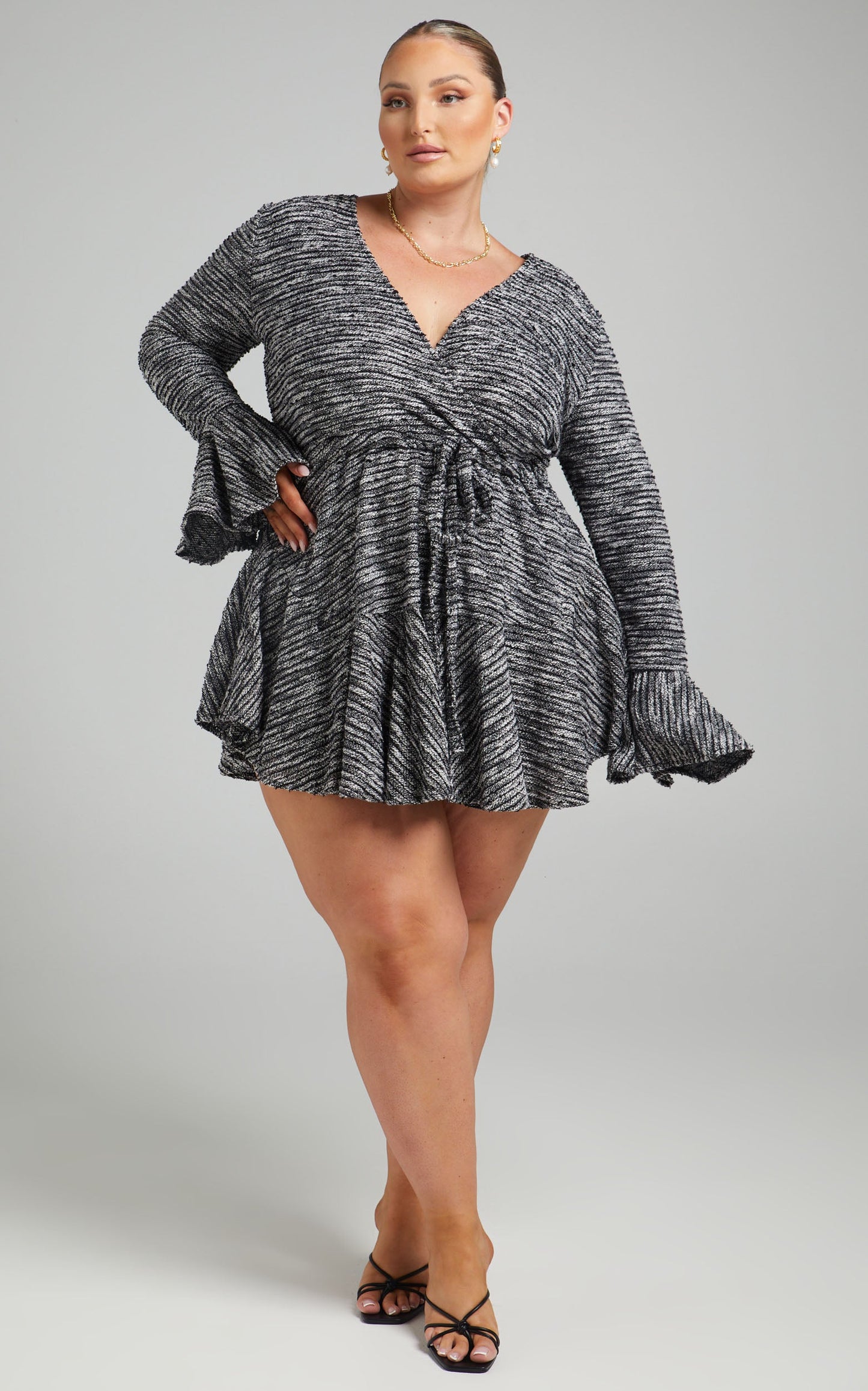Thea Mini Dress - Wrap Front Bell Sleeve Dress in Multi