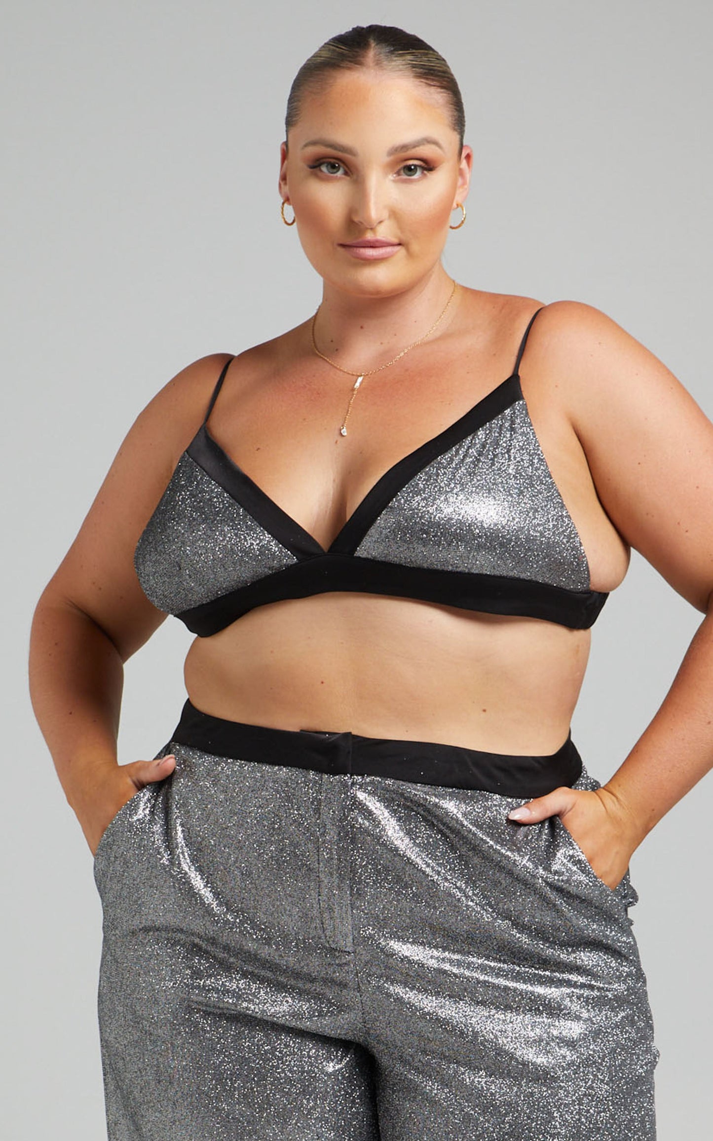 Sharleez Top - Satin Trim Glitter Suiting Bralette Top in Metallic