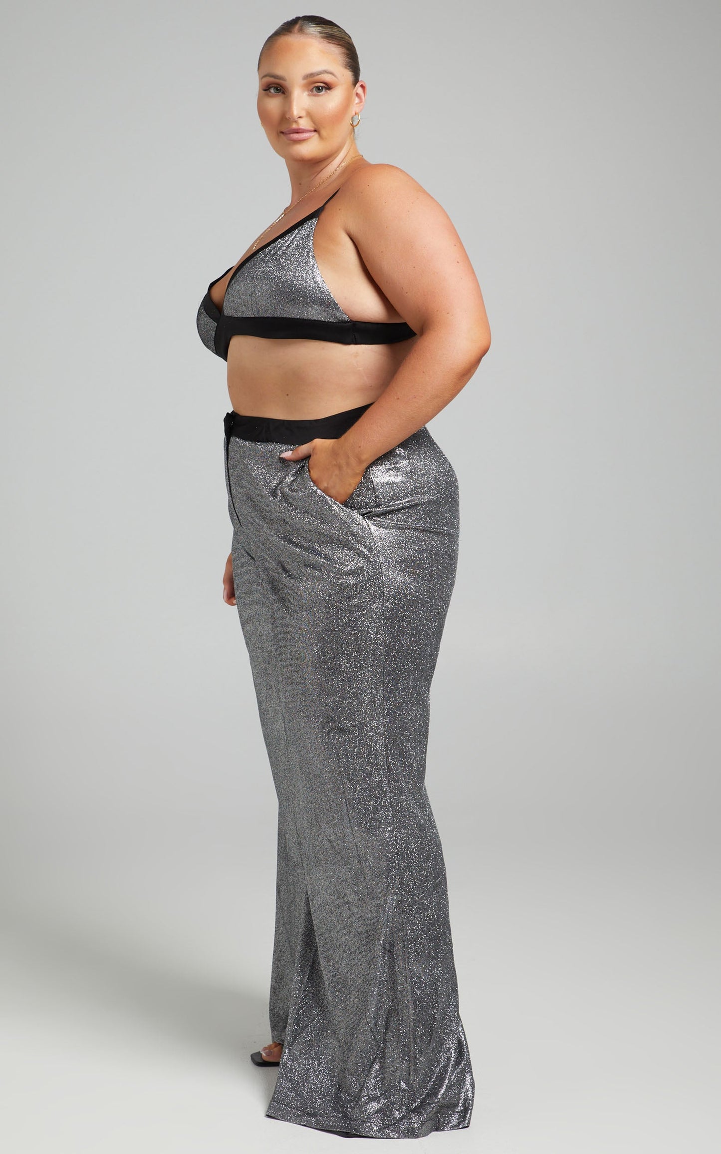 Sharleez Pants - Glitter High Waisted Tailored Wide Leg Pants in Metallic