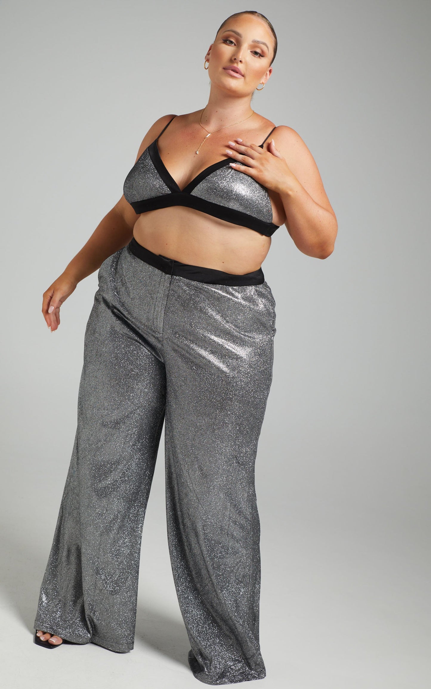 Sharleez Top - Satin Trim Glitter Suiting Bralette Top in Metallic