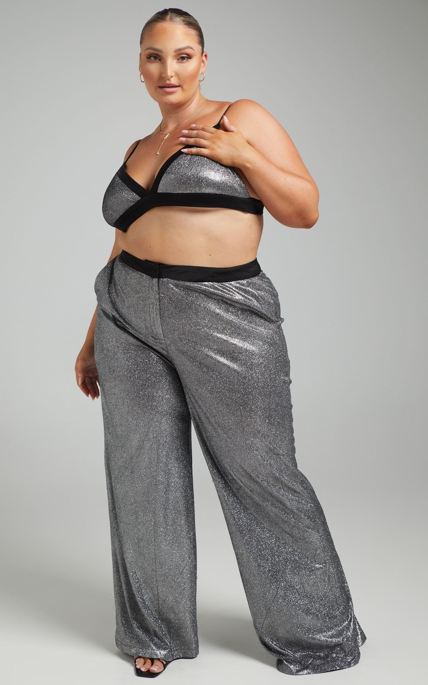 Sharleez Pants - Glitter High Waisted Tailored Wide Leg Pants in Metallic