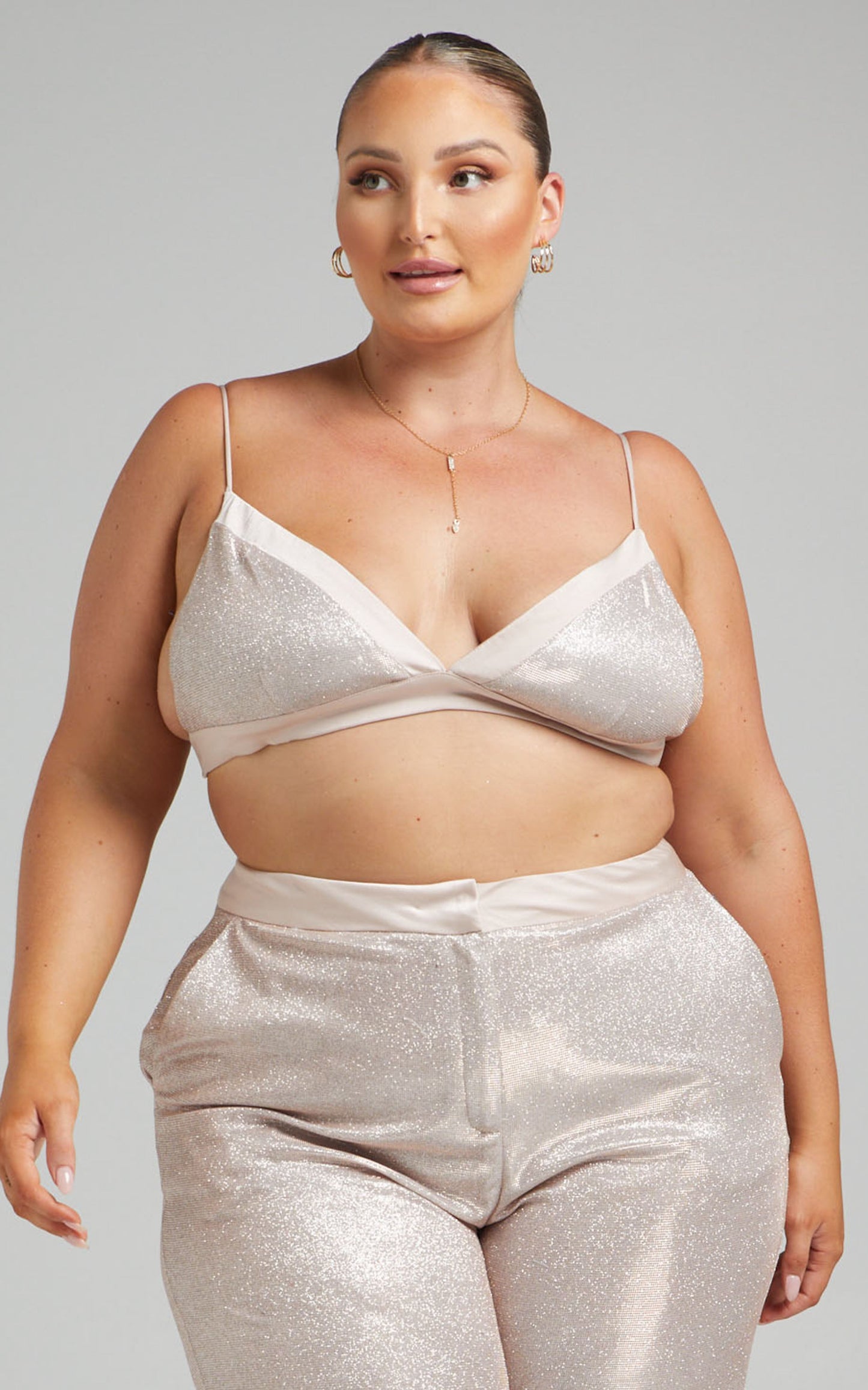 Sharleez Top - Satin Trim Glitter Suiting Bralette Top in Rose Gold