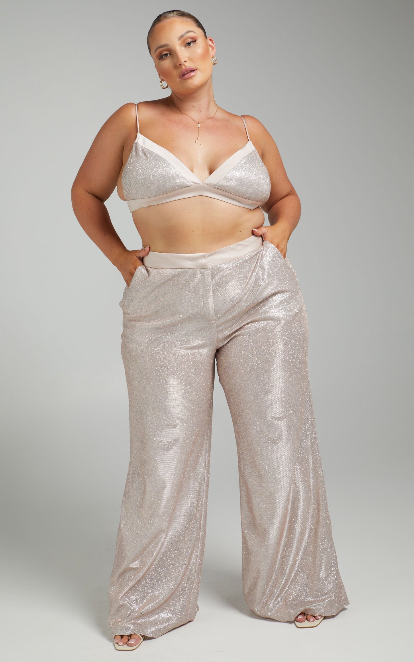 Sharleez Top - Satin Trim Glitter Suiting Bralette Top in Rose Gold