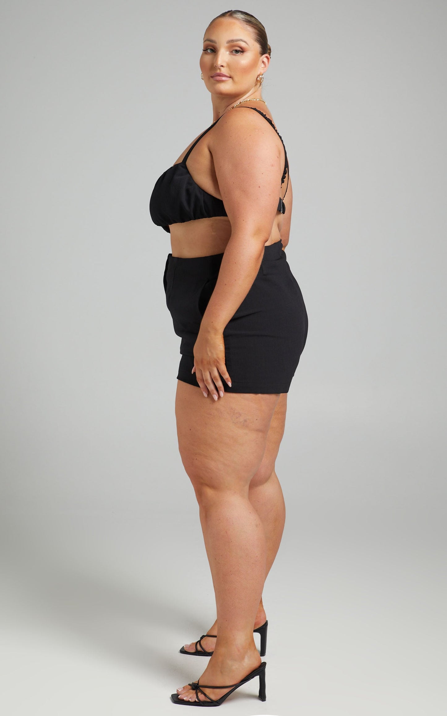 Jacynthia Ruched Crop Top and Tailored Short Set in Black