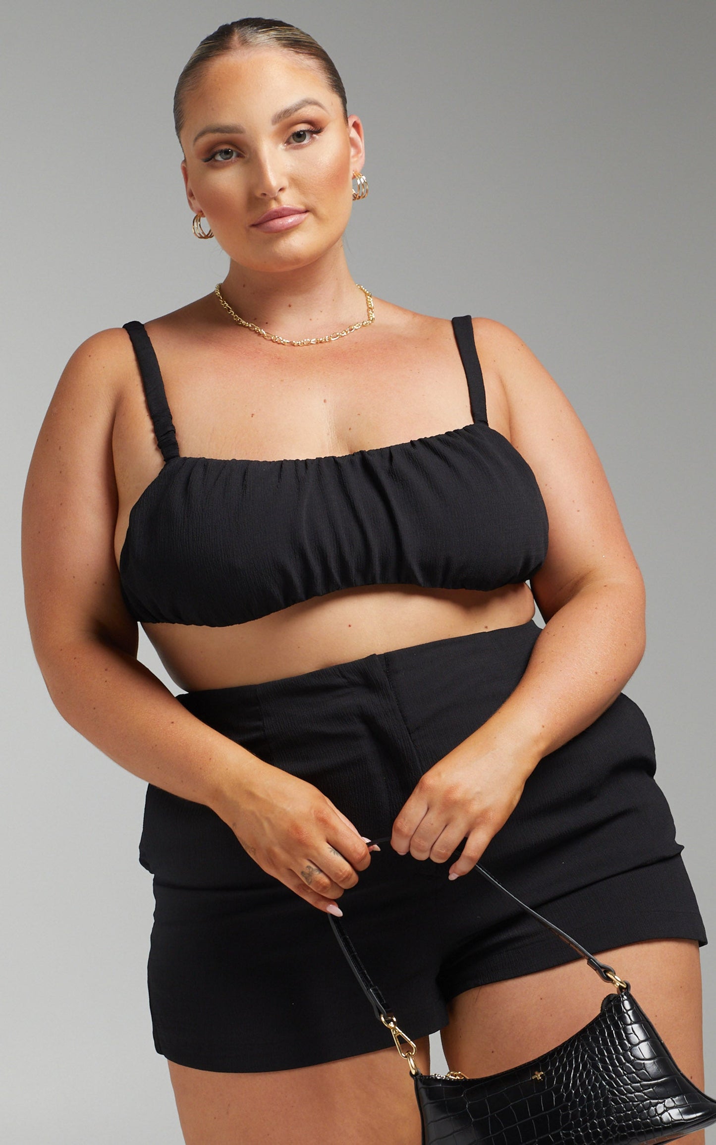 Jacynthia Ruched Crop Top and Tailored Short Set in Black