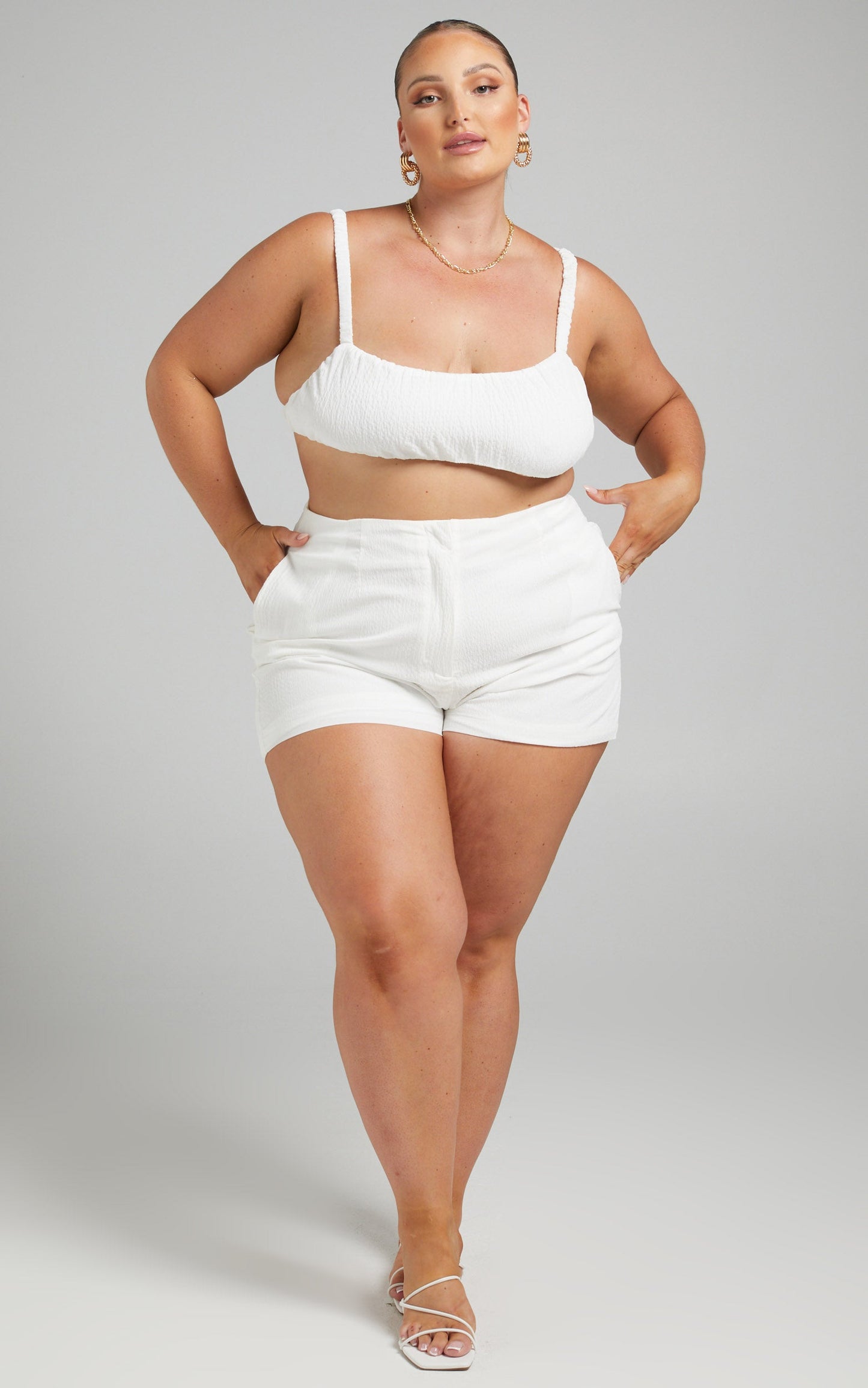 Jacynthia Ruched Crop Top and Tailored Short Set in White