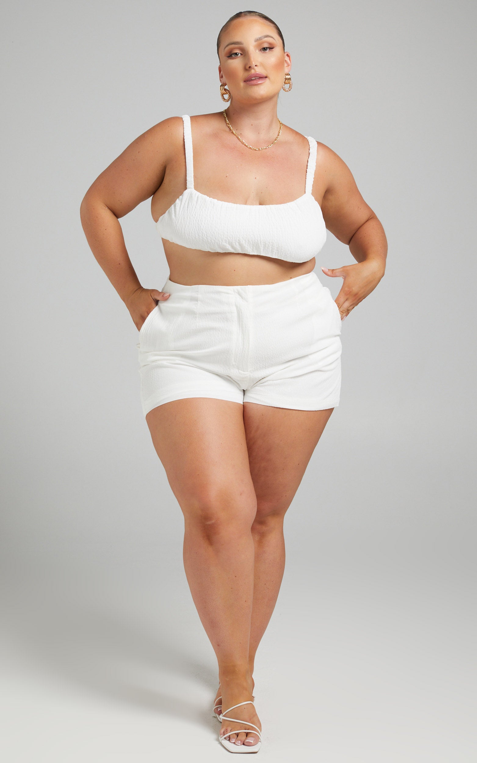 Jacynthia Ruched Crop Top and Tailored Short Set in White