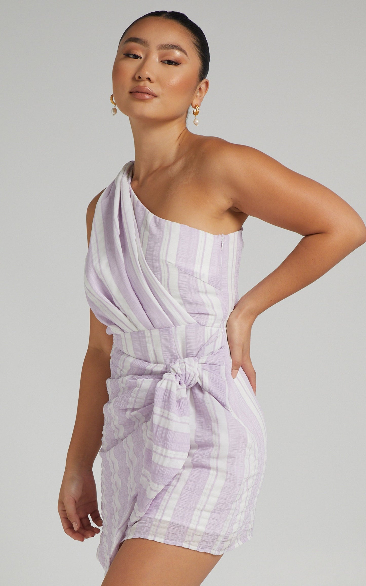 Brunie One Shoulder Mini Dress in Lilac Stripe