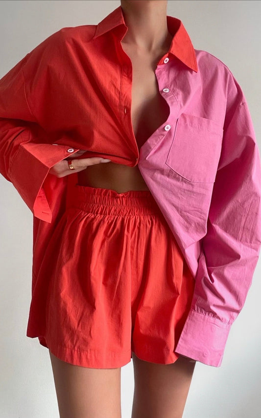 Roewe Shirt - Colour Block Oversized Button Up Shirt in Oxy Fire & Pink