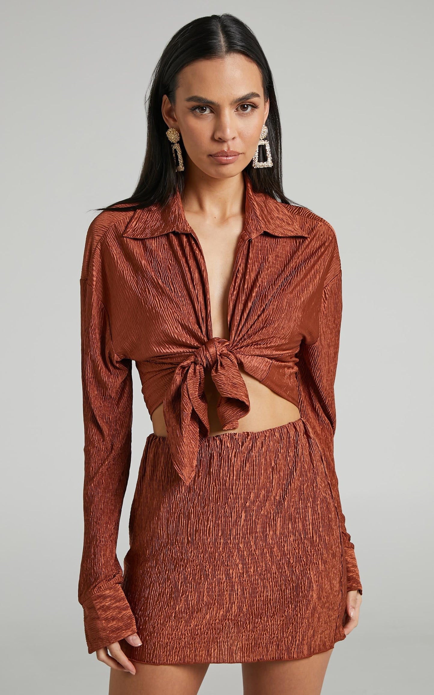 Rosamund Shirt - Relaxed Button Up Crinkle Shirt in Clay
