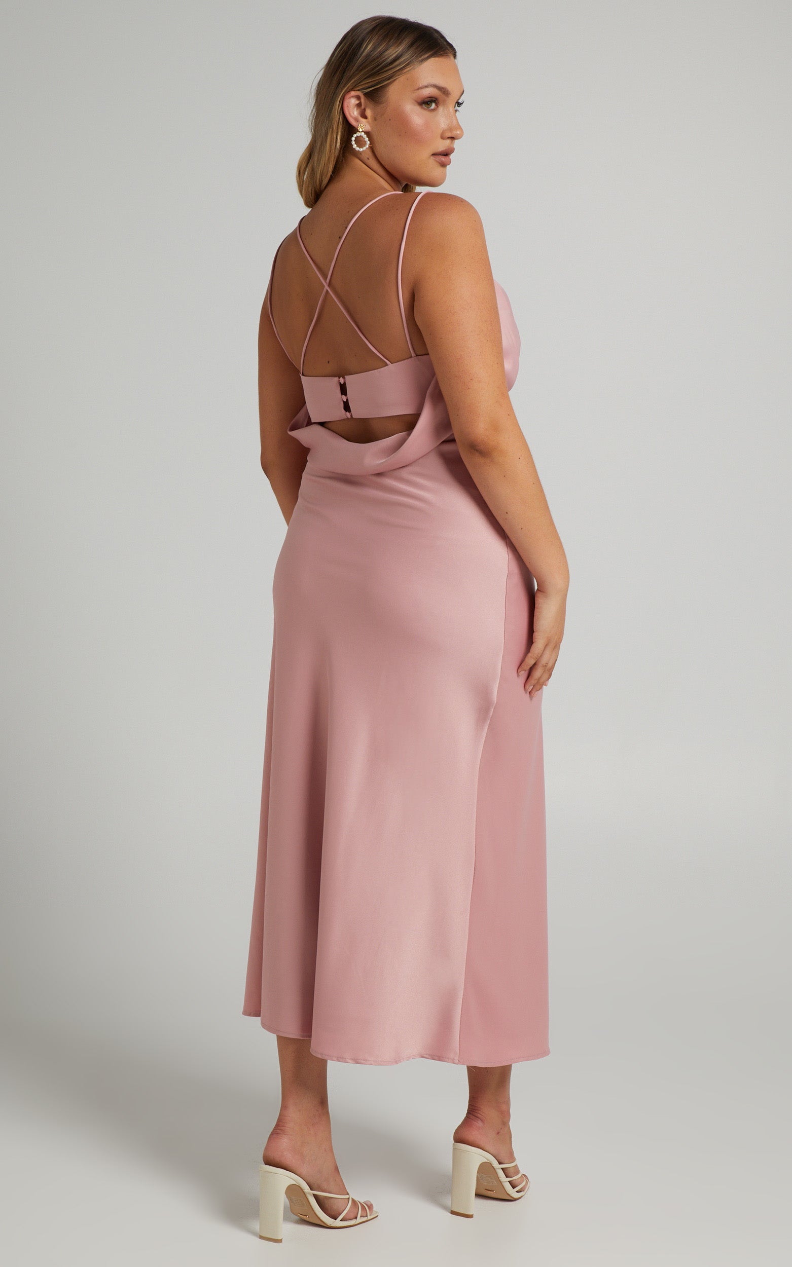Soft Petal Midi Dress - Cowl Crossover Back Dress in Blush