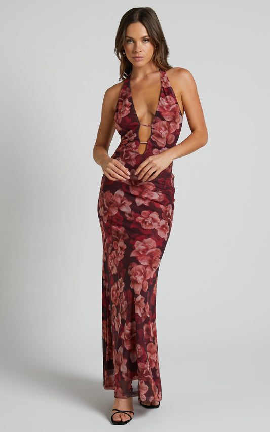 Runaway The Label - Evalina Maxi Dress in Wine Floral